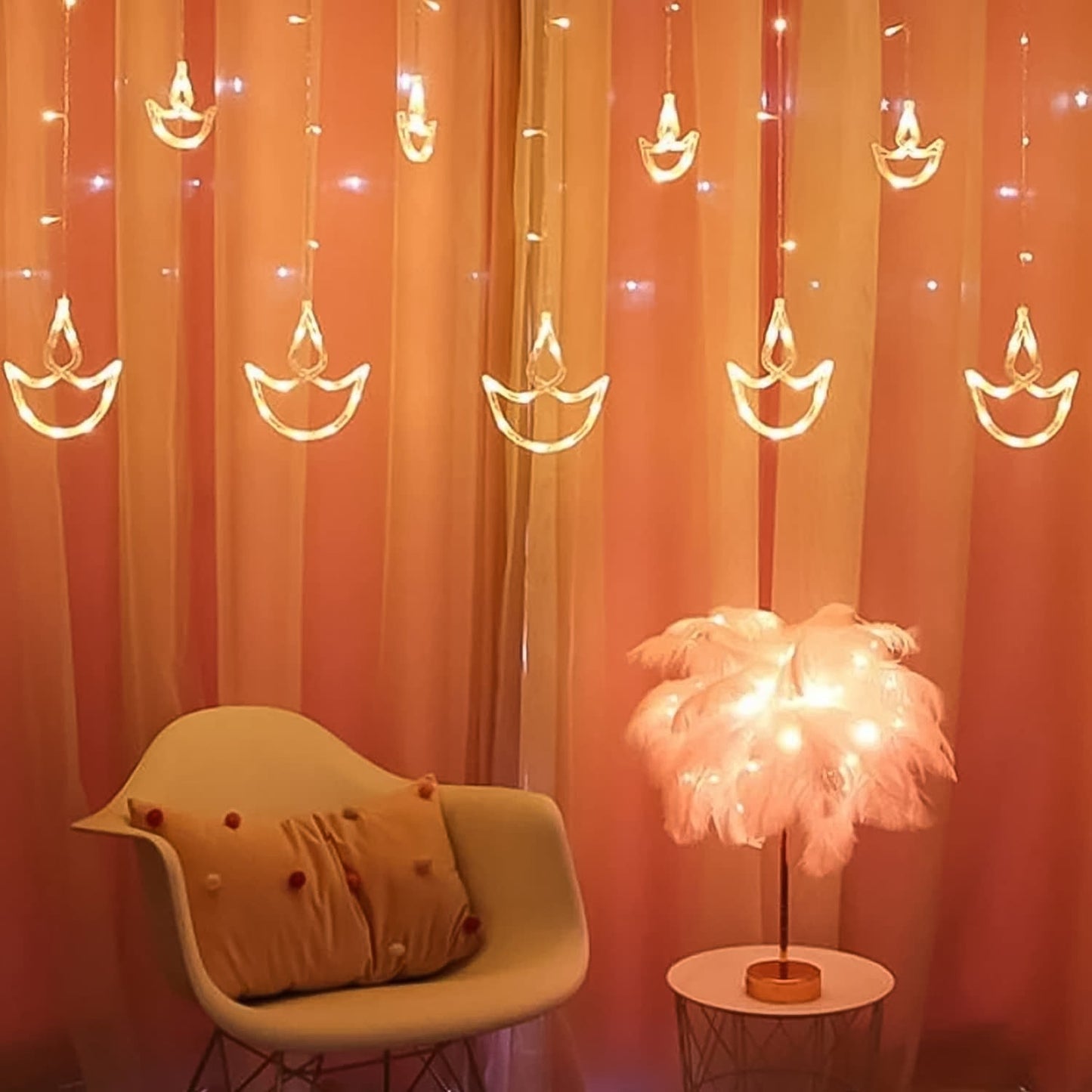 12 Diya Curtain String Lights, Window Curtain Lights with 8 Flashing Modes Decoration Light (White Color) Your Brand