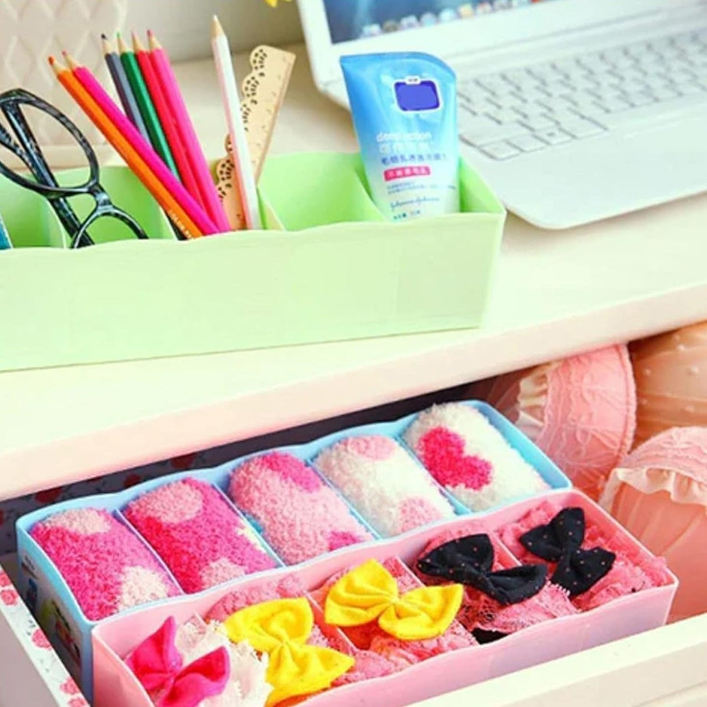 Desktop Storage Organizer Box Set - 5 Grid Compartments for Clothing, Underwear, Socks & Ties (4-Piece) Your Brand