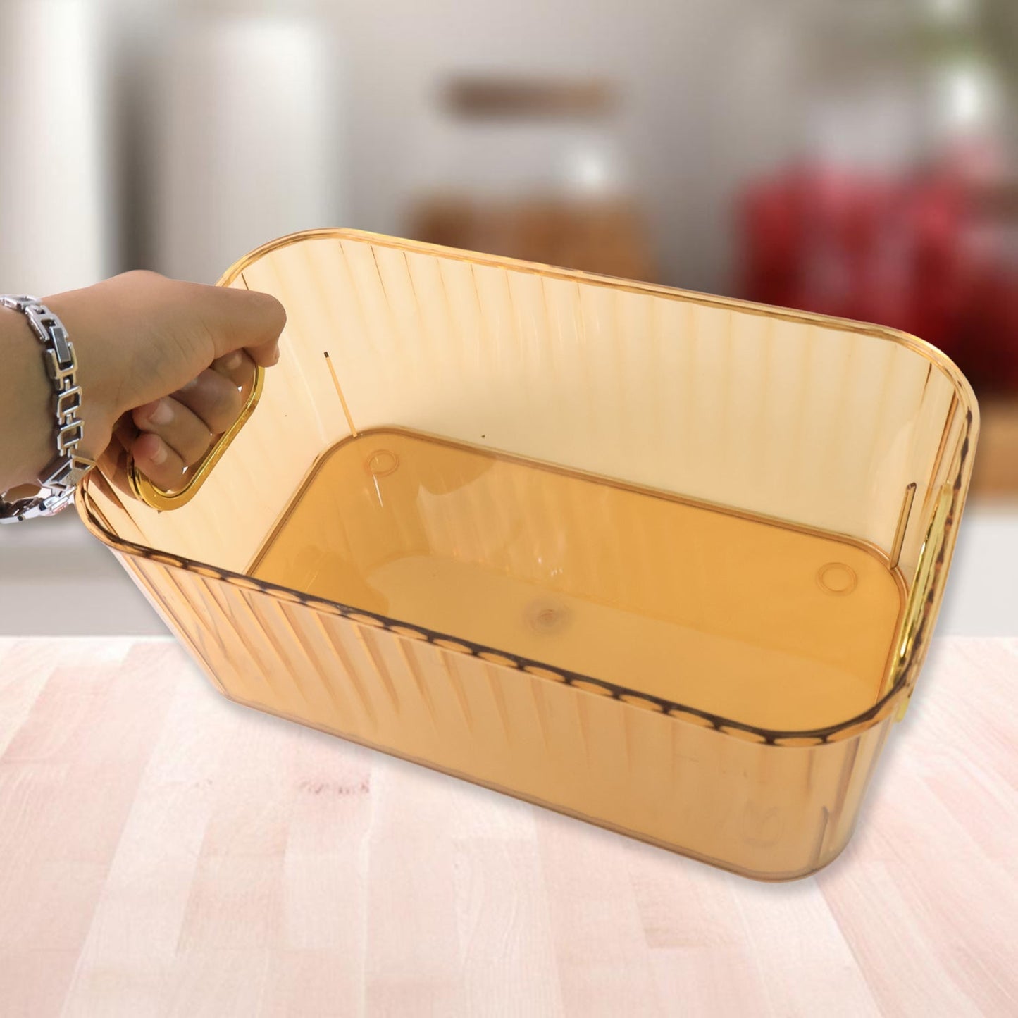 Premium Ribbed Transparent Storage Basket with Gold Handle – Multipurpose Kitchen & Home Organizer Box (25x14cm / 2 Pc) Your Brand