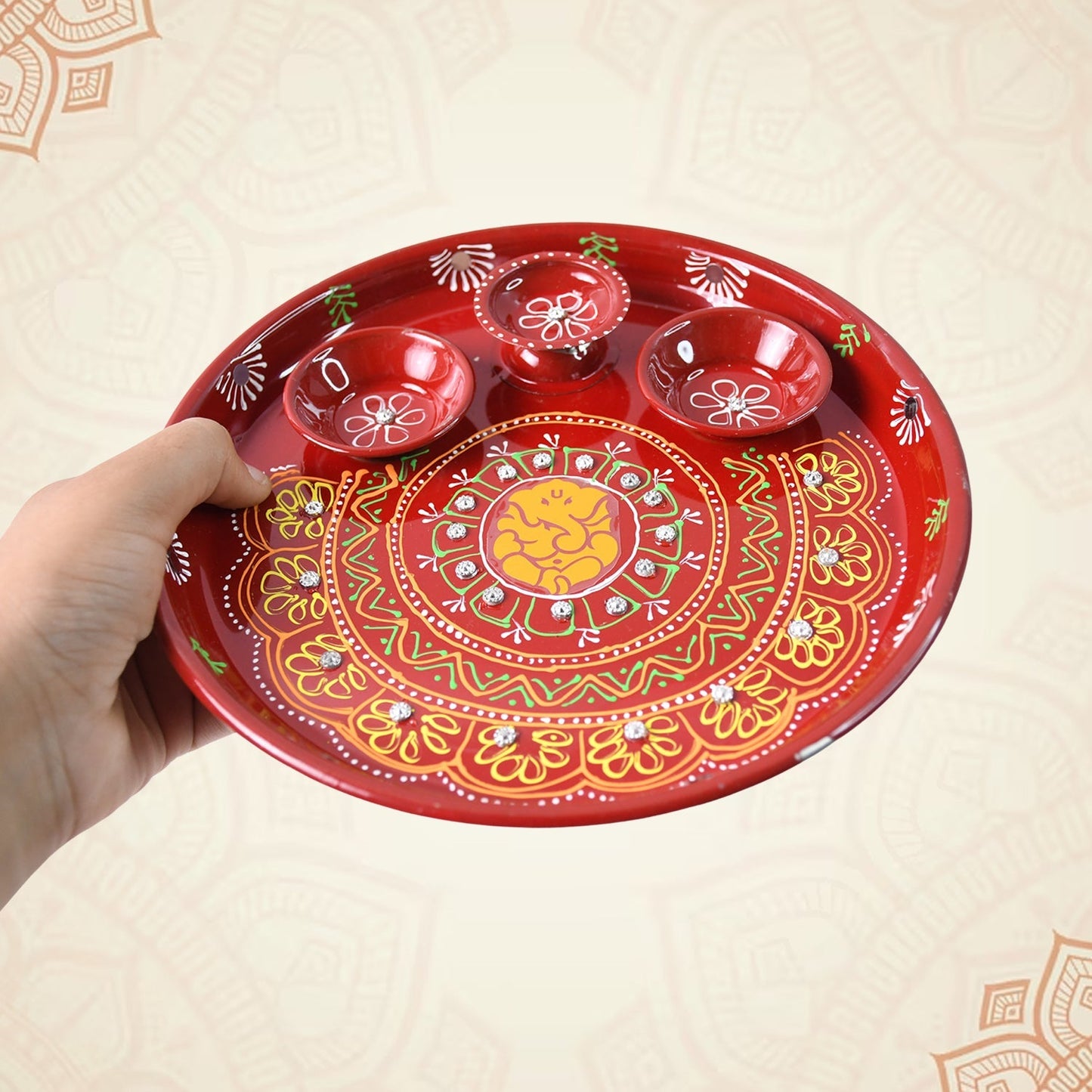 Hand-Painted Decorative Pooja Thali with Ganesha Motif and Diyas Your Brand