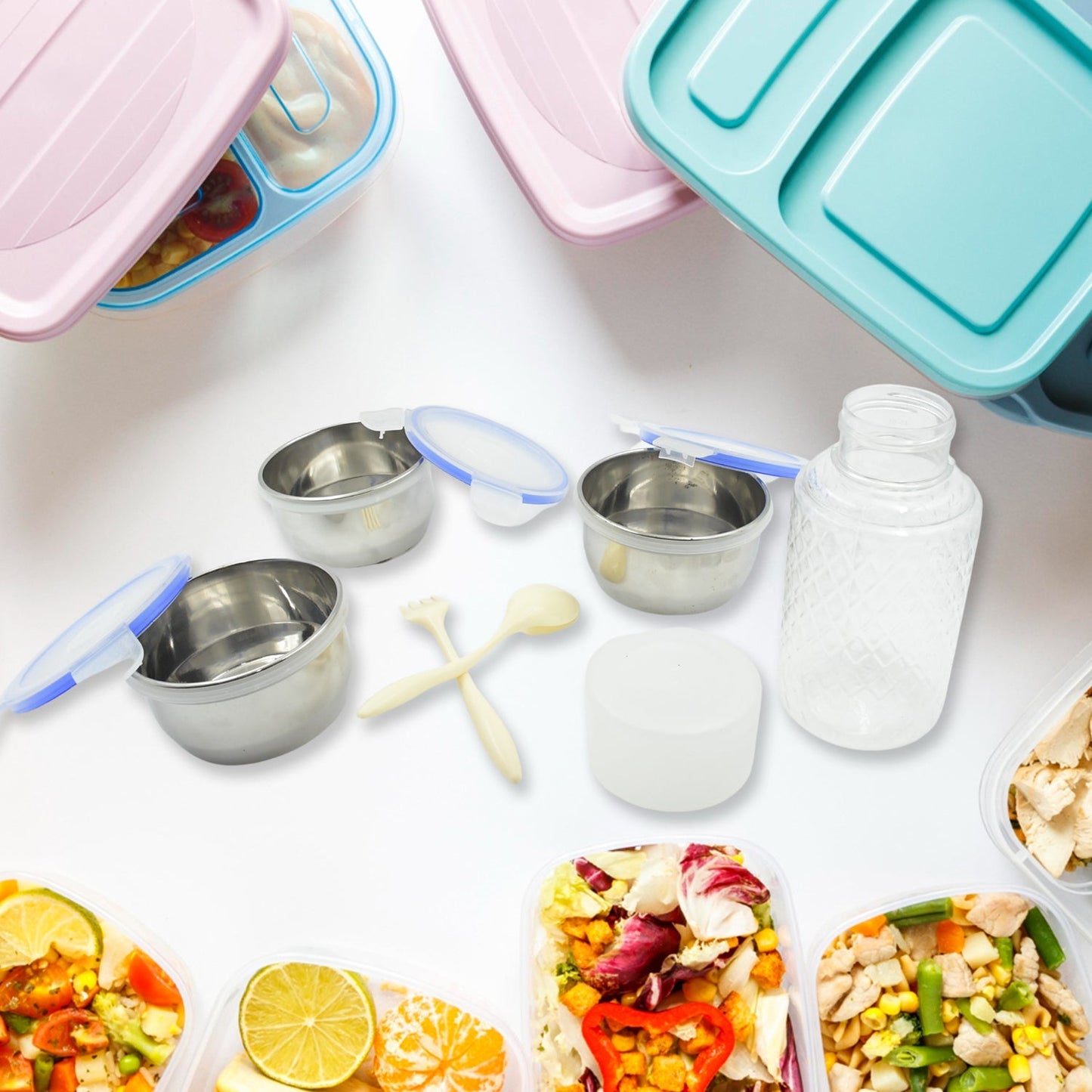 6In1 Tiffin Box-Lunch Box | 3 Stainless Steel Containers | Plastic lid Box | Spoon & Fork /Plastic Bottle | Insulated Fabric Bag | Leak Proof | Microwave Safe for Office, College and School for Men, Women (6 pcs) Your Brand