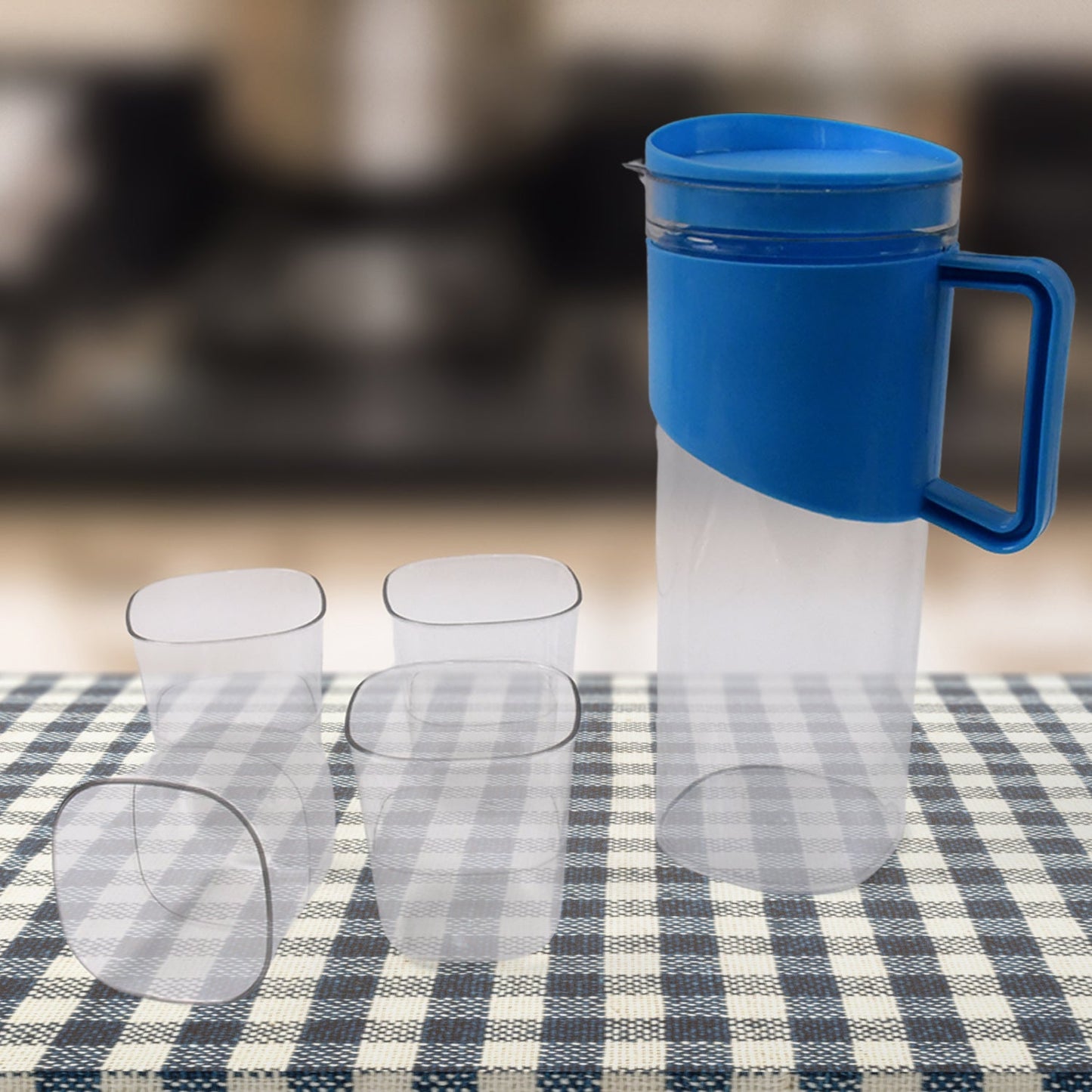 Transparent Stylish Premium Jug with Elegant Handle (2000 ML Jug Approx & 4 Pcs Plastic Glass) Your Brand