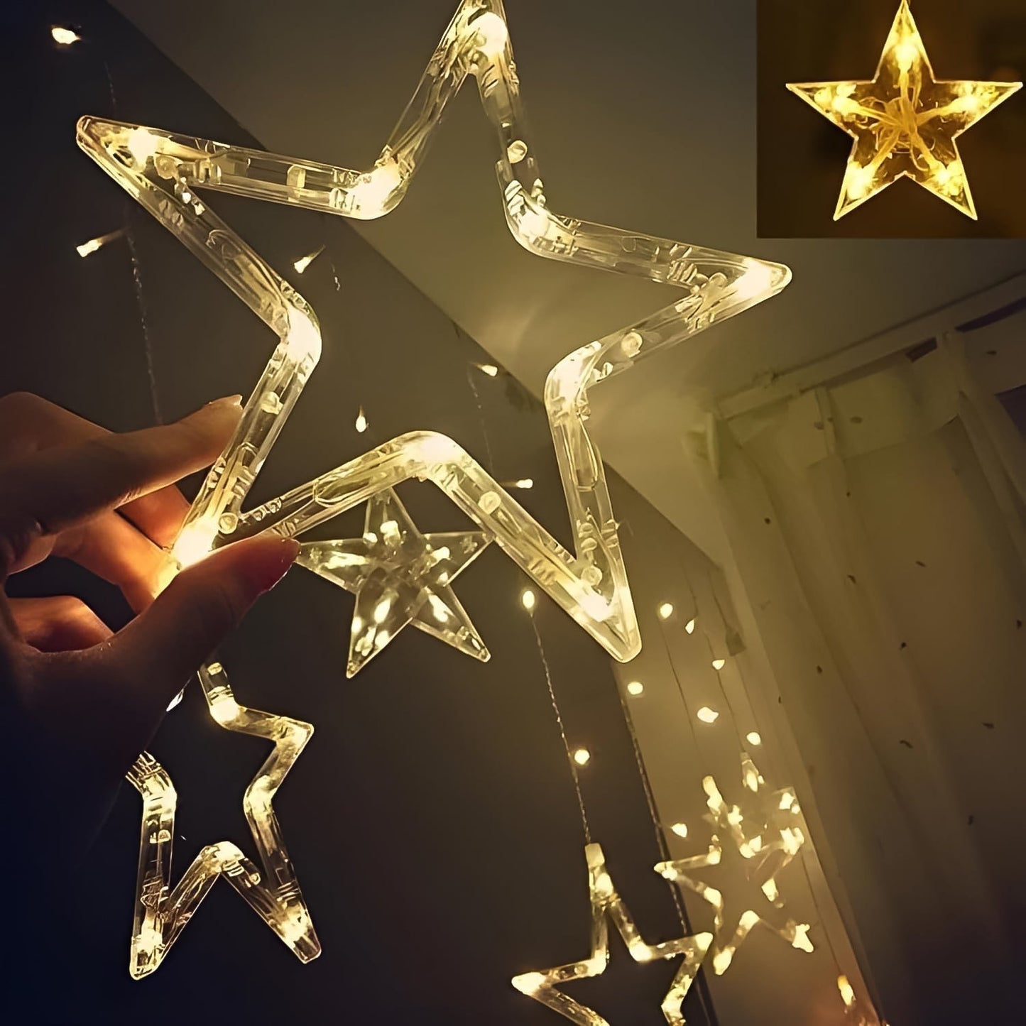12 Stars LED Curtain String Lights with 8 Flashing Modes for Home Decoration, Diwali & Wedding LED Christmas Light Indoor and Outdoor Light ,Festival Decoration (Warm White / With Box) Your Brand