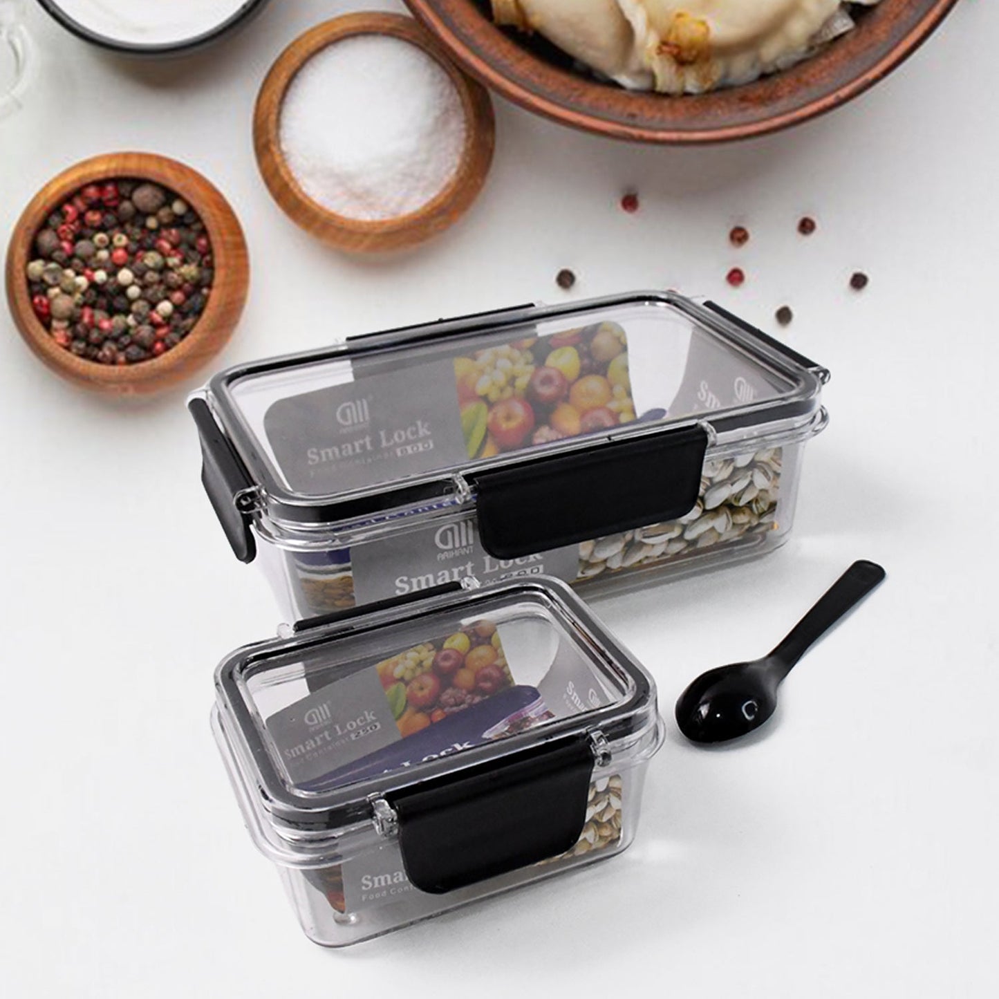 Plastic Kitchen Storage Container Big 800 ML & Small 250 ML with Air Seal Lock Lid & Spoon Your Brand
