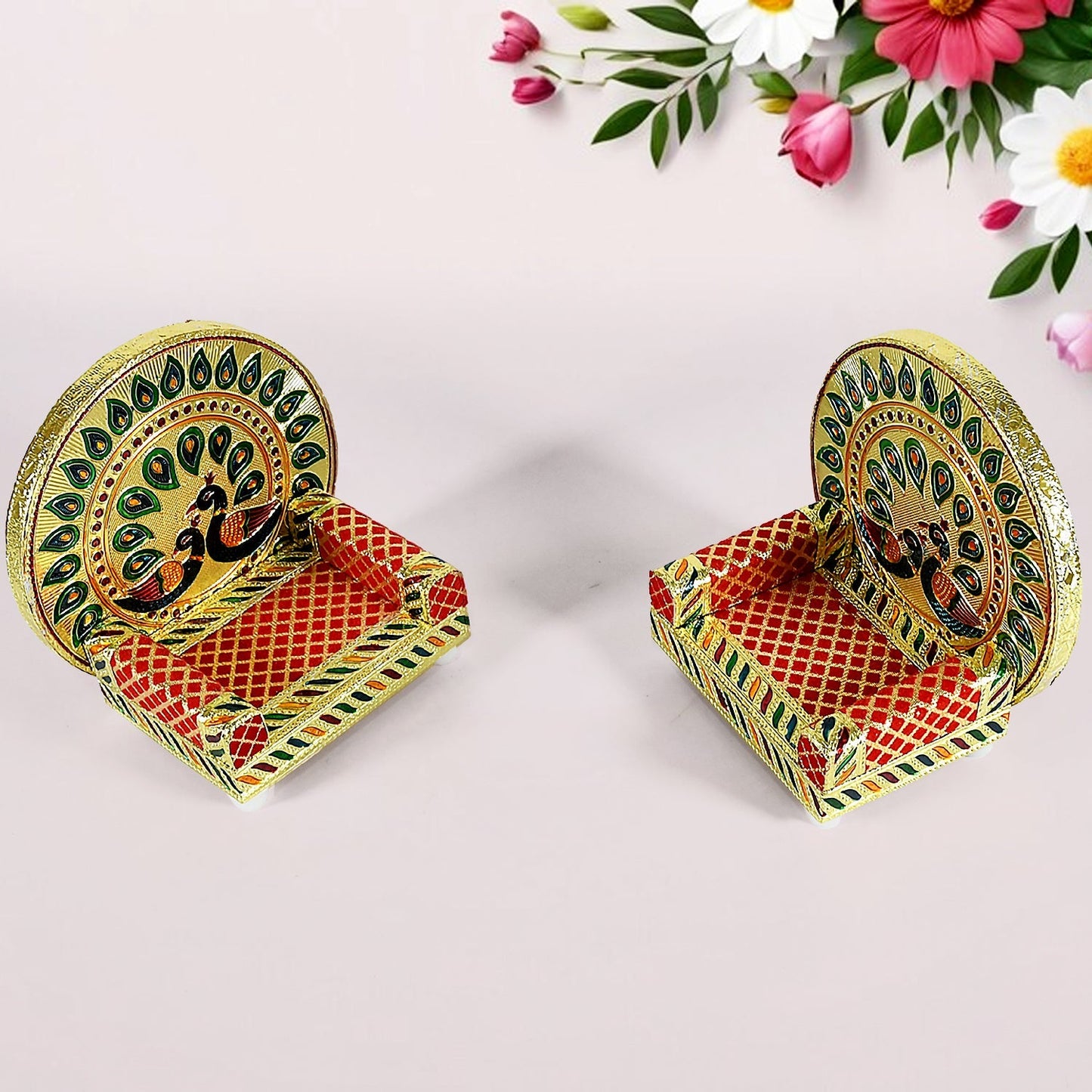 Meenakari Work Laddu Gopal Singhasan / Sihasan for Pooja Mandir Wooden Krishna Ladoo Bal Gopal Sofa Asan, Home Decorative Premium Look Decorative Singhasan Suitable For Home, Office, Restaurant (2 Pc Set) Your Brand