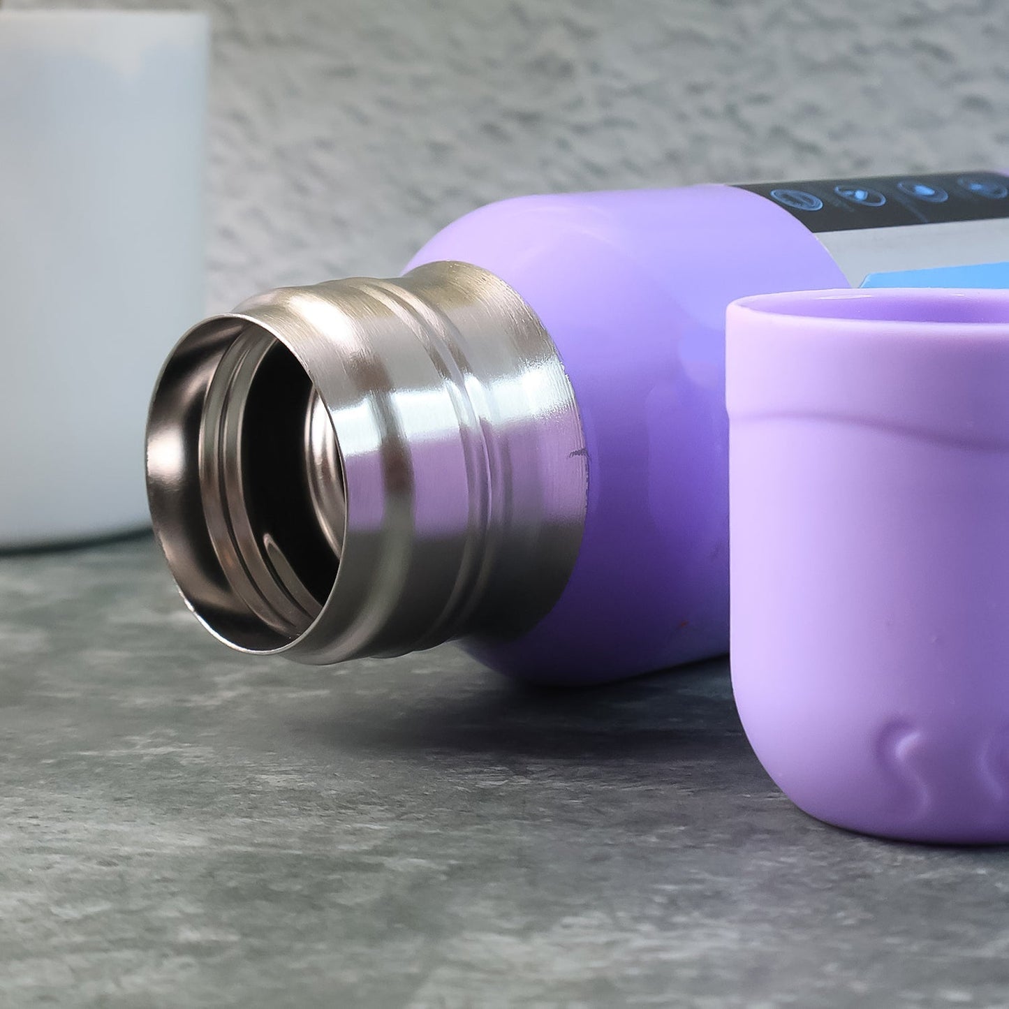 Purple Vacuum Flask Set – Stainless Steel Thermos with 3 Cups, Approx 500ml Your Brand