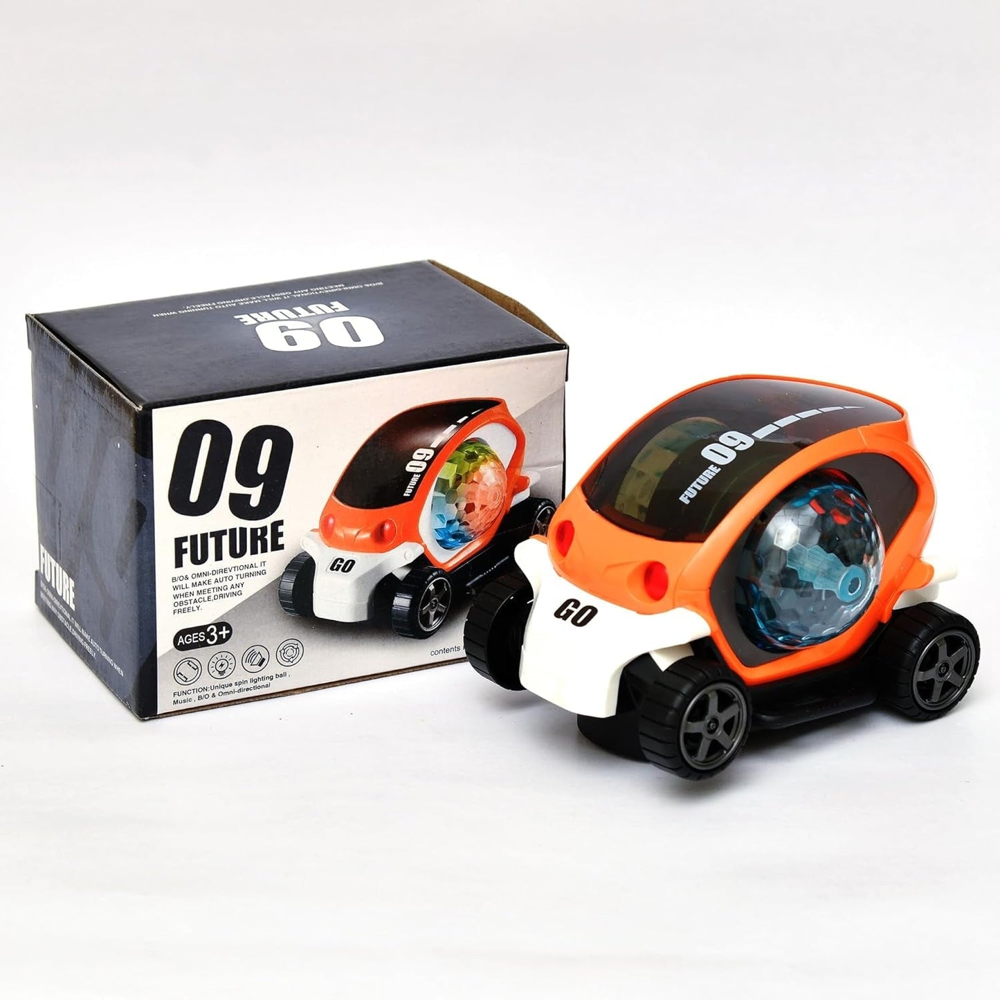 360° Rotating Stunt Car Toy – Bump & Go with 4D Lights, Music & Disco Ball (1 Pc, Battery Not Included) Your Brand