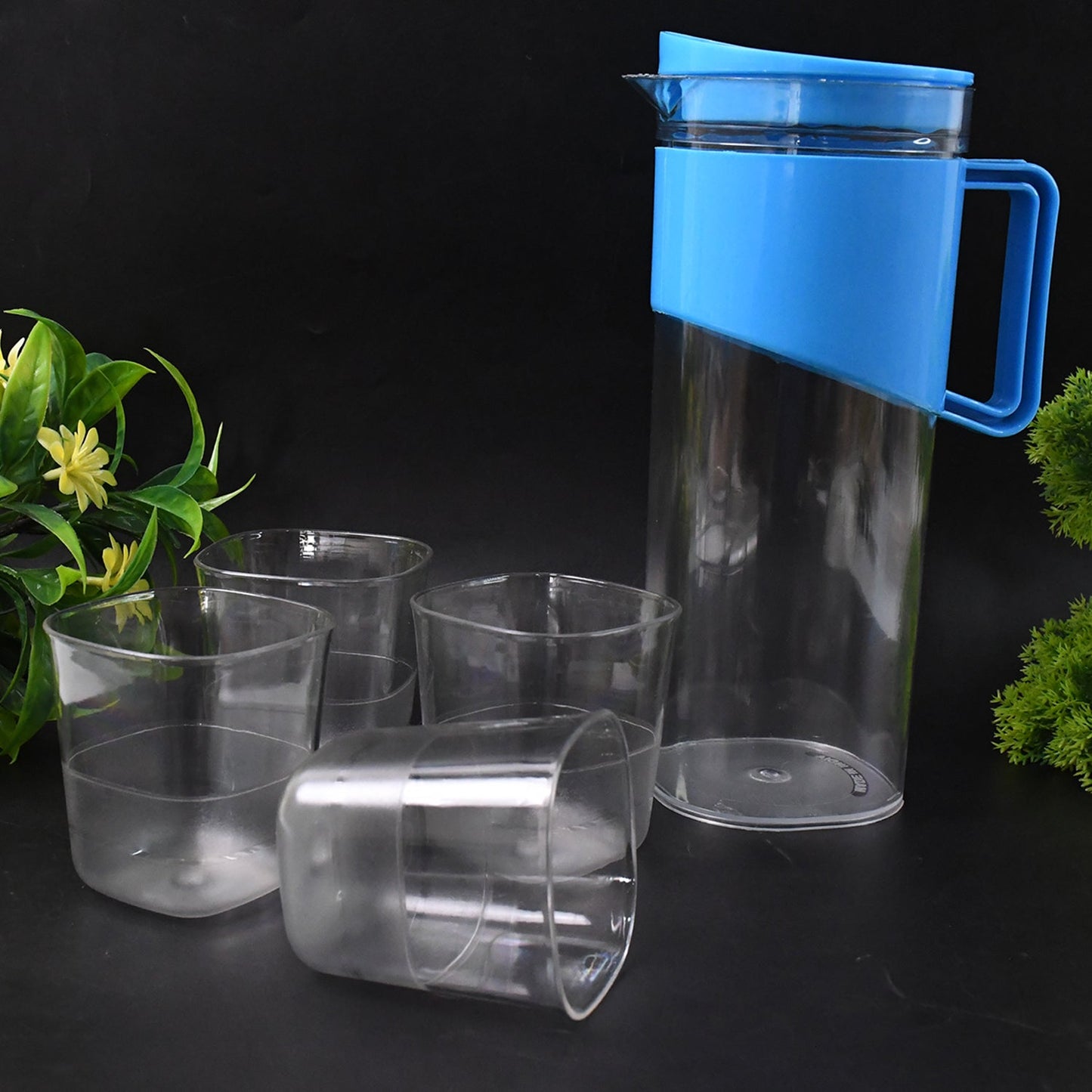 Transparent Stylish Premium Jug with Elegant Handle (2000 ML Jug Approx & 4 Pcs Plastic Glass) Your Brand