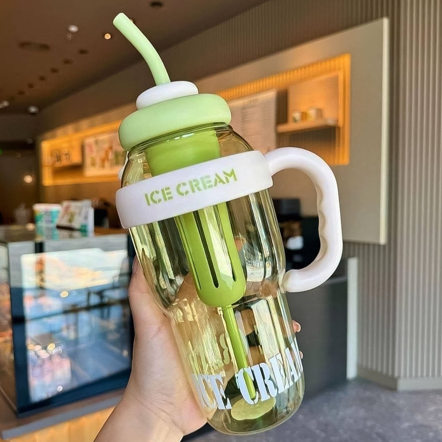 Approx 1300ML Large Capacity Cute Ice Cream Themed Water Bottle with Handle, Straw & Fruit Infuser – Leakproof Sipper for Kids & Adults Your Brand