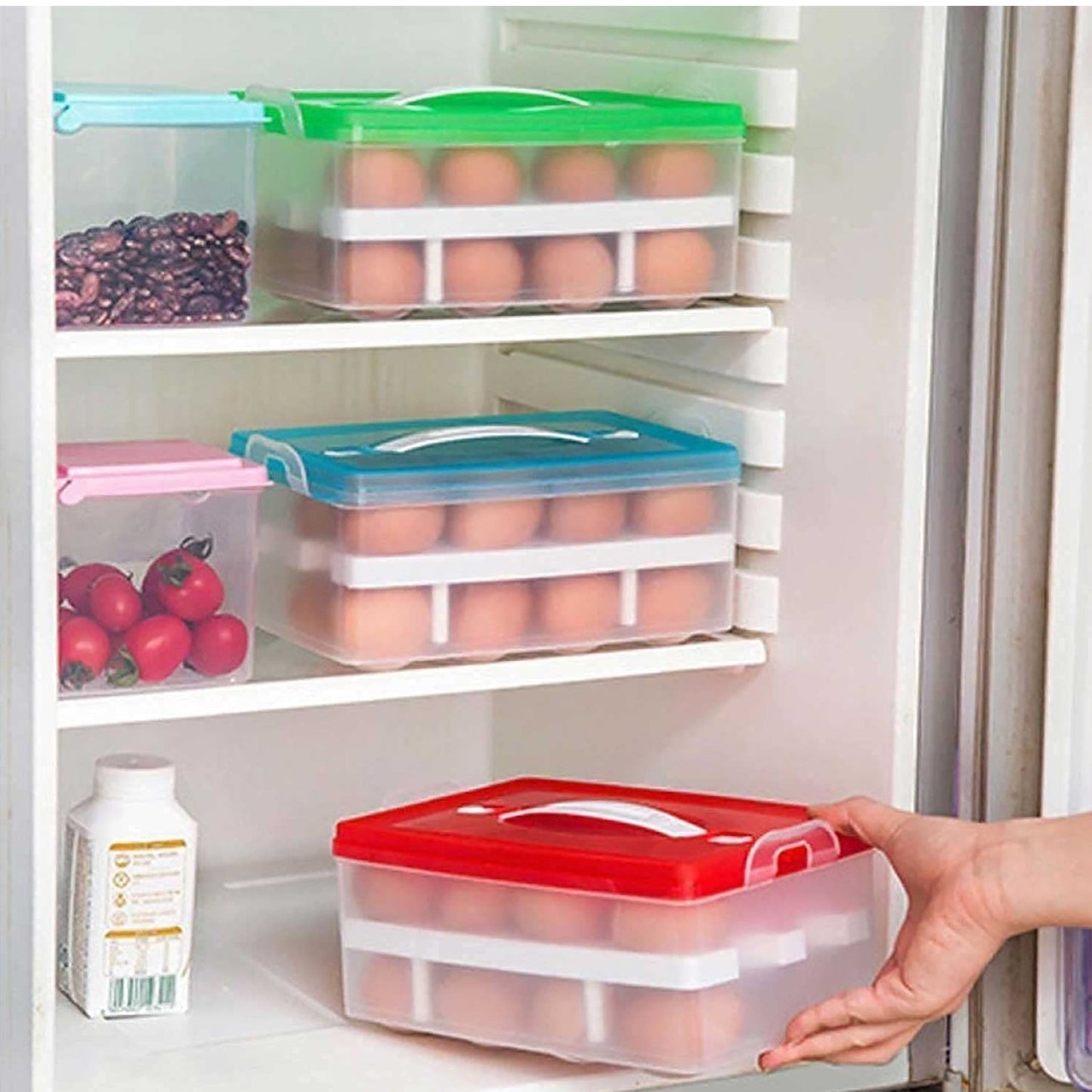 2Layer, 32 Grid Egg Tray with Lid Egg Carrier Holder for Refrigerator, Camping Food Storage Container with Handle (1 Pc ) Your Brand