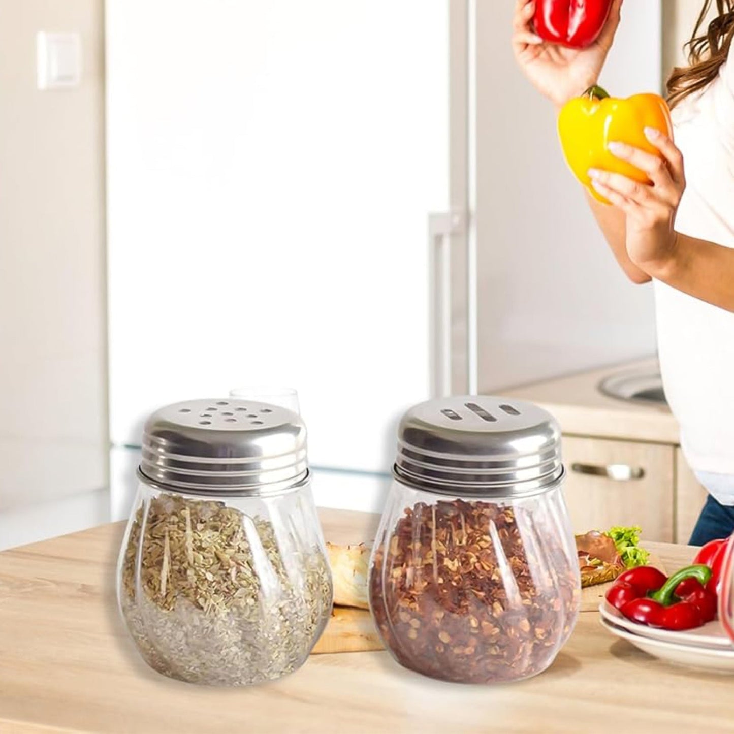Apex Oregano & Chilli Flakes Dispenser Set – 2 Pcs Plastic Spice Shaker with Stainless Steel Lid Your Brand