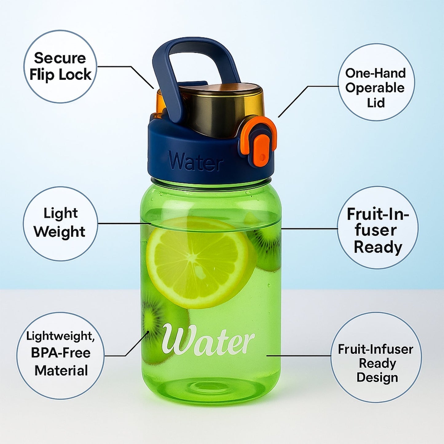 Green Leak-Proof Portable Fruit Infuser Water Bottle Approx 600ML (1 Pc) Your Brand
