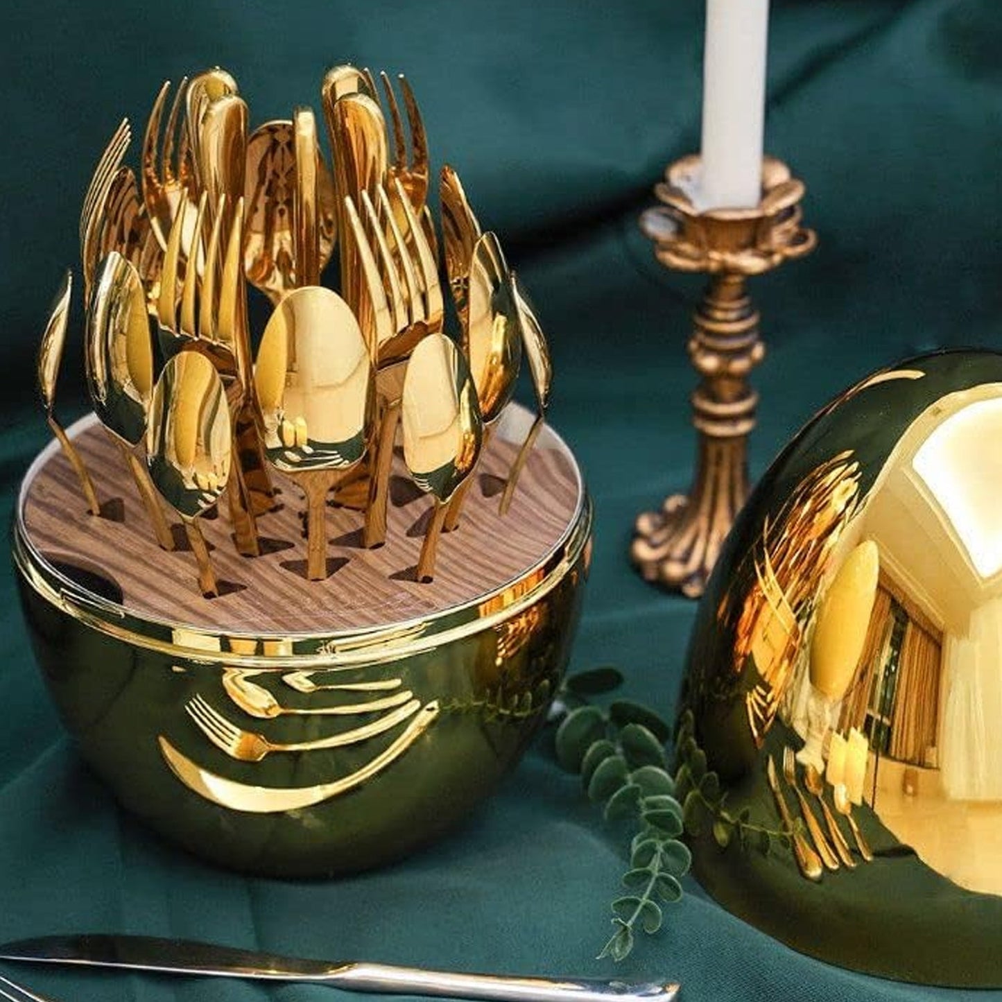 Premium Cutlery Set 24 Pcs with Oval Shaped Stand | Beautiful Stylish Oval Designed Cutlery Sets, Egg-Shaped Luxury Spoon Holder Set (Golden / 24 pcs set) Your Brand