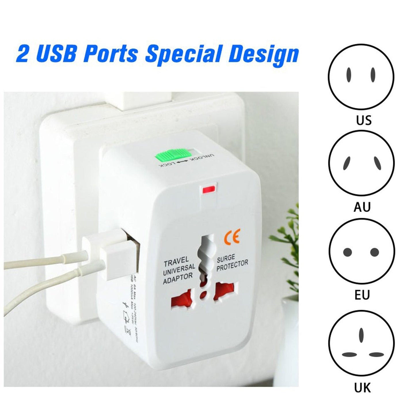 All-in-One Universal Worldwide Travelling AC Adaptor Plug (AU / UK / US / EU) International Power Charger Electric USB Power Plug Socket Adapter Converter (1 Pc) Your Brand