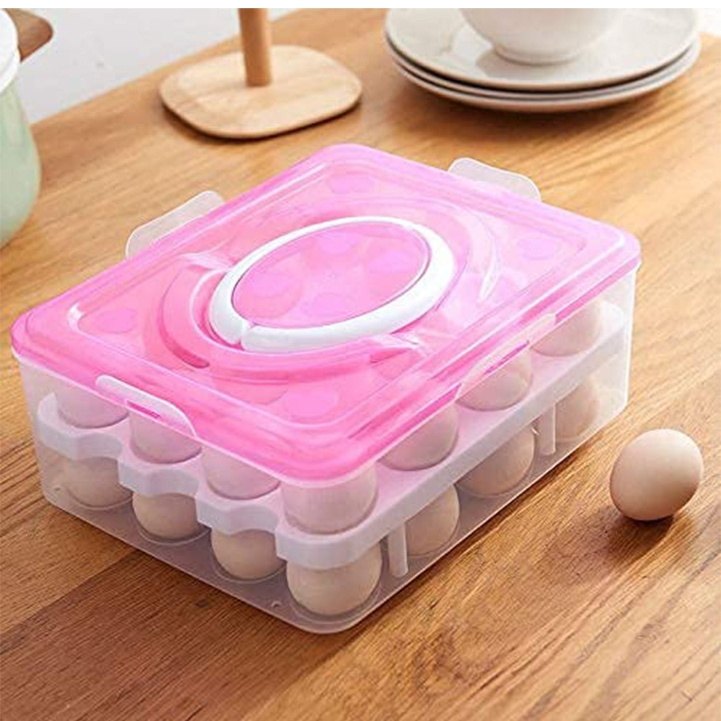 2Layer, 32 Grid Egg Tray with Lid Egg Carrier Holder for Refrigerator, Camping Food Storage Container with Handle (1 Pc ) Your Brand