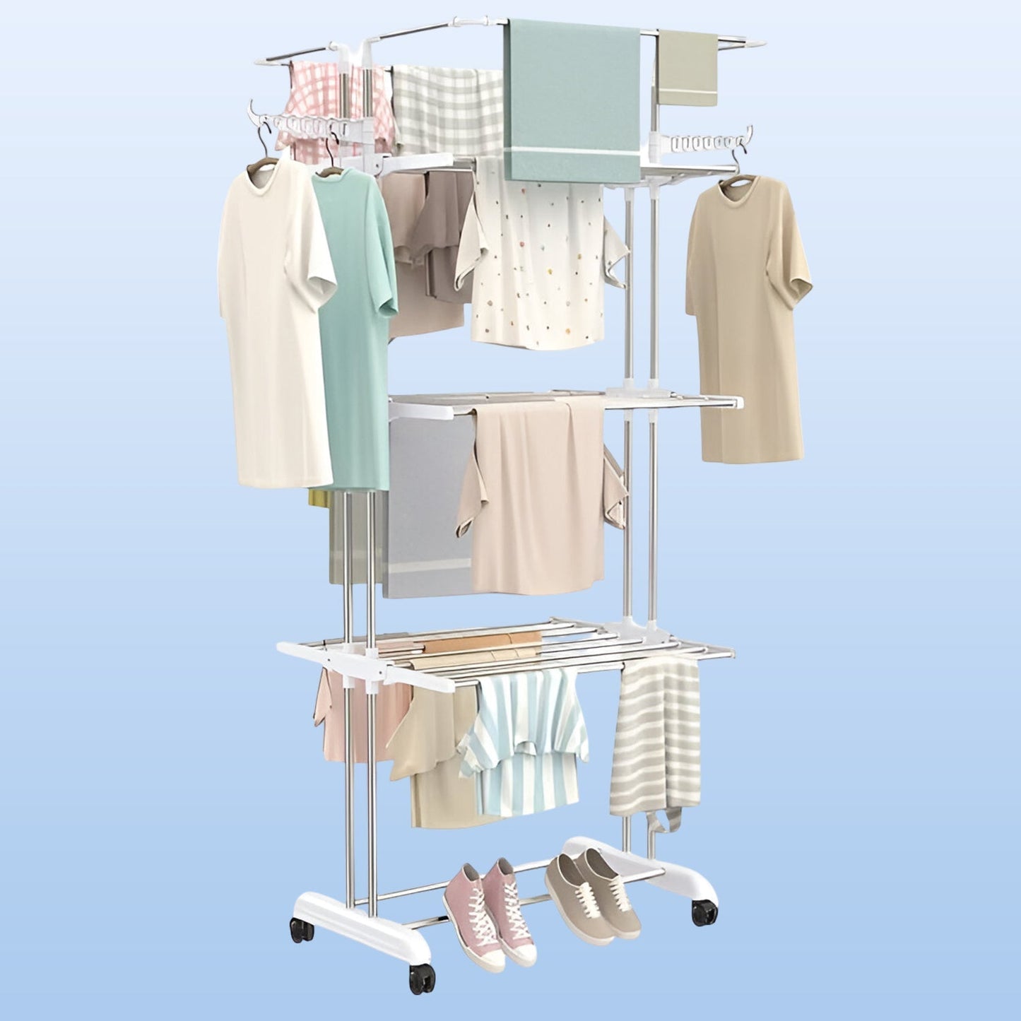 3-Tier Foldable Stainless Steel Cloth Drying Stand with Wheels Your Brand