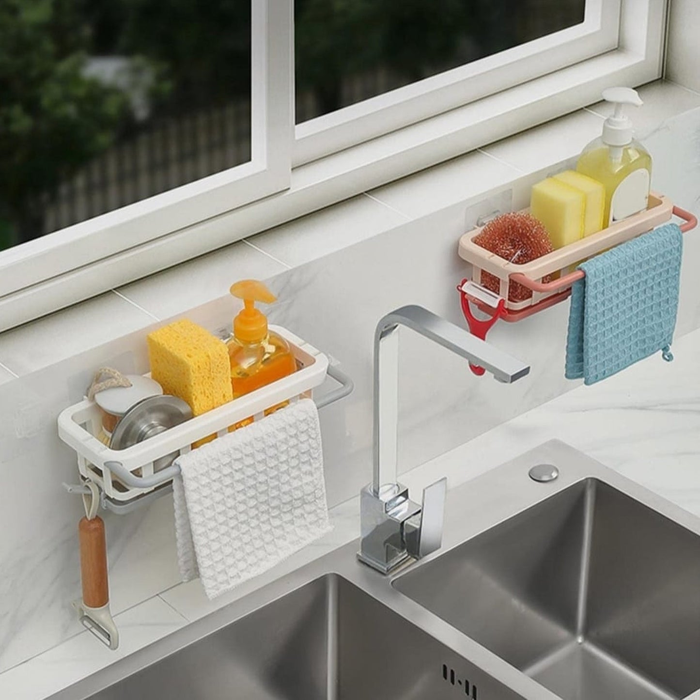 Multipurpose Platic Hanging Drain Rack Retractable Sponge Storage Hanging Rack With Adhesive Hook for Kitchen and Bathroom Dishcloth Holders Basket Drying Tray Organizer Your Brand