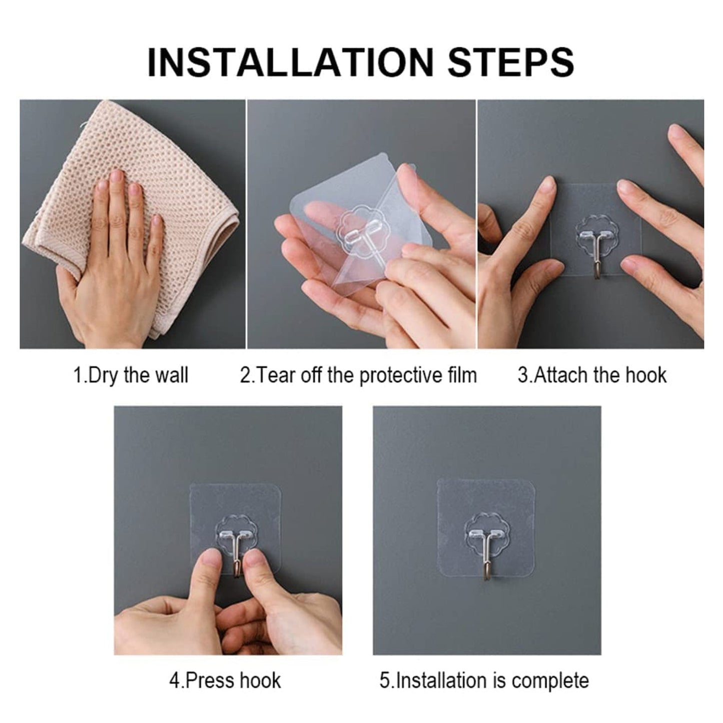 Self Adhesive Transparent Sticky Plastic & Stainless Steel Wall Hooks (10 Pcs Set) Your Brand