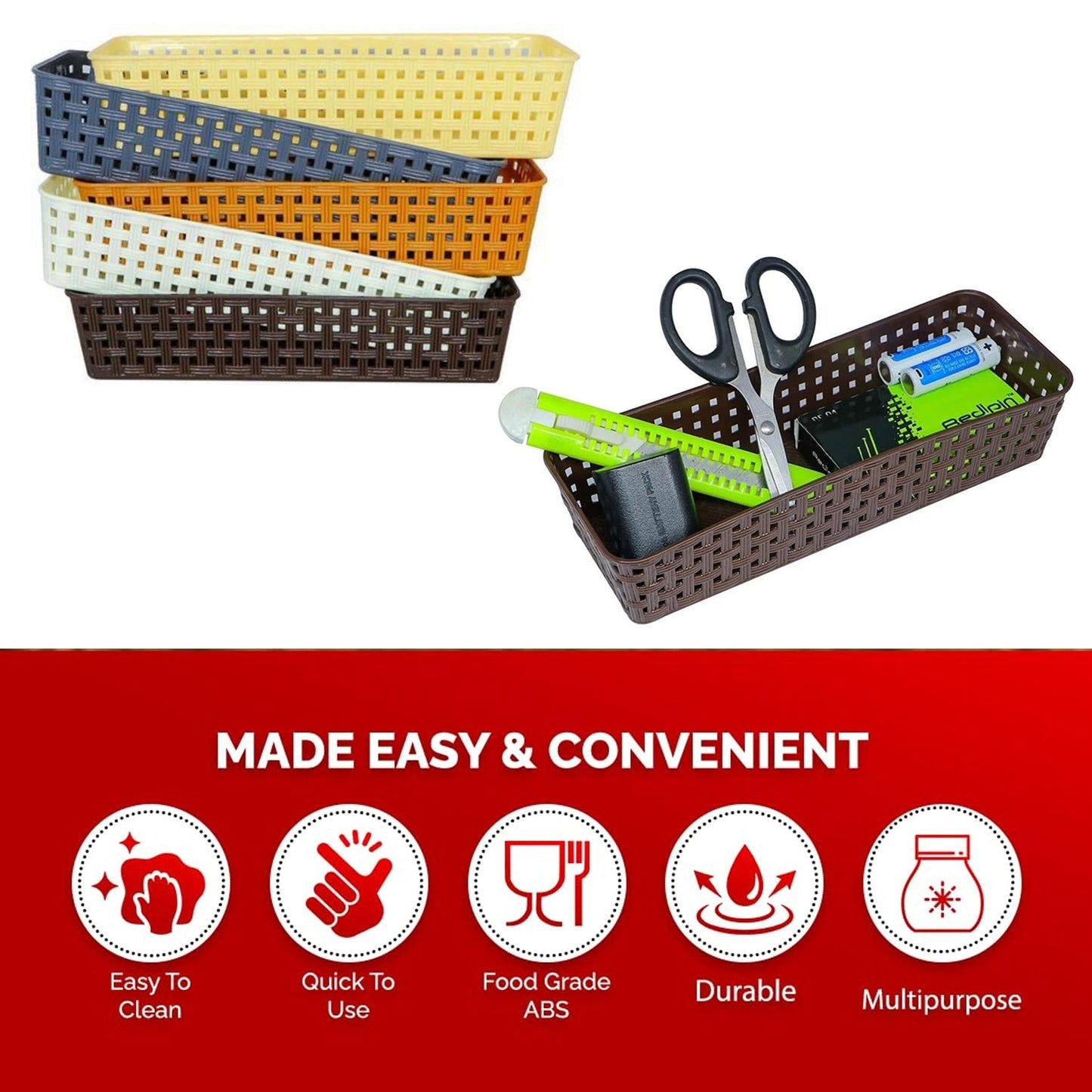 Plastic Multipurpose Desk Organizer Tray Office Drawer Dividers Storage Bins for Kitchen, Bathroom, Office, Makeup, Bedroom Dresser, Craft Basket Rack Multicolour (6 Pcs Set) Your Brand