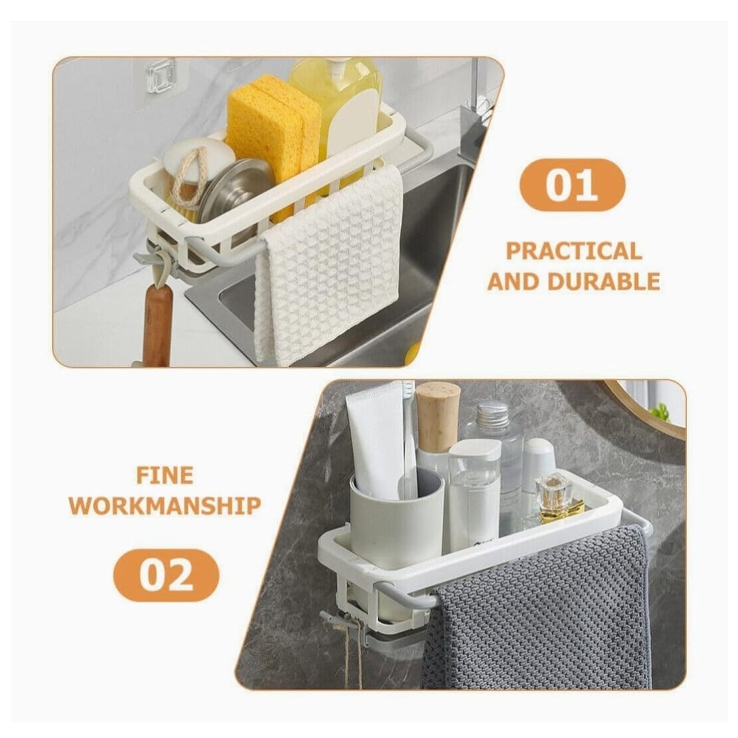 Multipurpose Platic Hanging Drain Rack Retractable Sponge Storage Hanging Rack With Adhesive Hook for Kitchen and Bathroom Dishcloth Holders Basket Drying Tray Organizer Your Brand