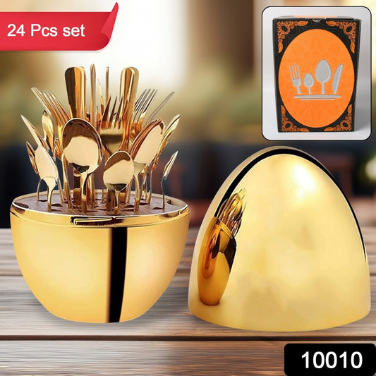 Premium Cutlery Set 24 Pcs with Oval Shaped Stand | Beautiful Stylish Oval Designed Cutlery Sets, Egg-Shaped Luxury Spoon Holder Set (Golden / 24 pcs set) Your Brand