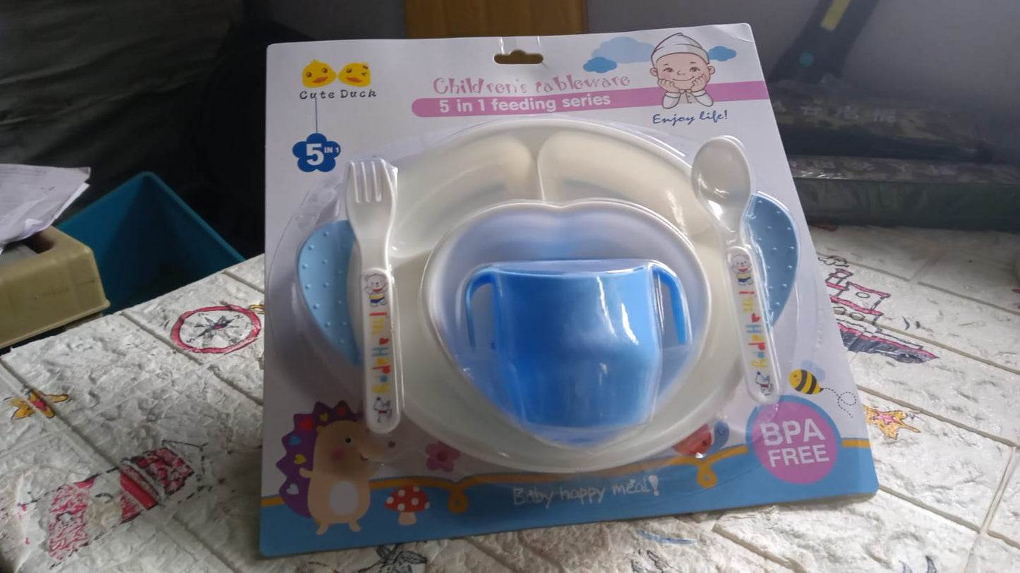 5in1 Baby Feeding Set for Kids and Toddlers,Children Children Dinnerware Set - Feeding Set for Kids, Cartoon Design Plate, Cup, Spoon, Fork Tableware Cutlery for Kids Microwave (5 Pcs Set) Your Brand