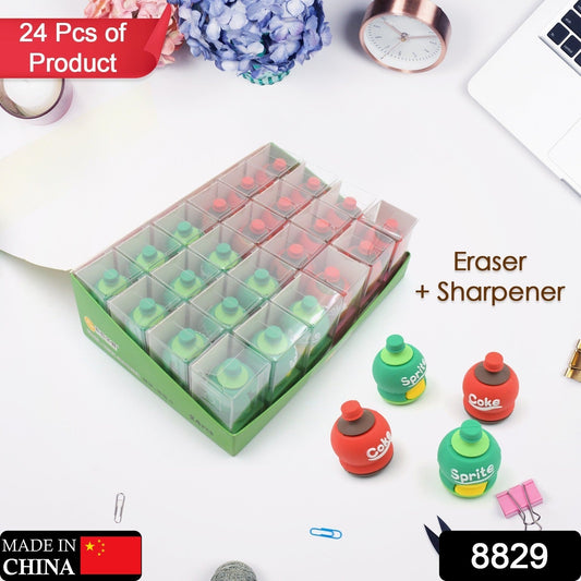2-in-1 3D Cold Drink Bottle Shape Rubber Pencil Sharpener and Eraser Set, Stationery for Kids School Boys Girls, Birthday Return Gifts (24 Pcs Set ) Your Brand