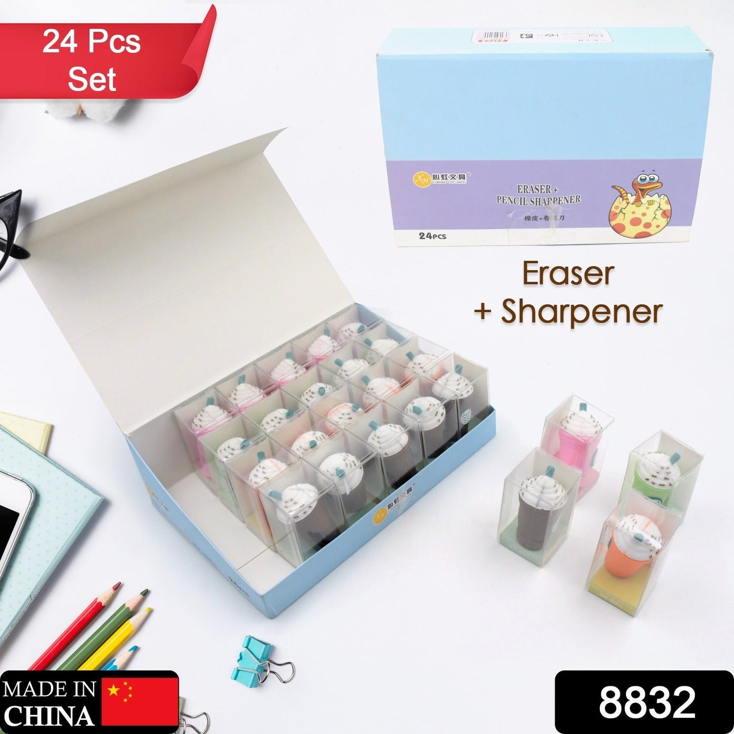 2In1 3D Cute Coffee Or Ice cream Shape sharpner Like Rotary Manual Pencil Sharpener for Kids Ice Cream Style Office School Supplies, Back to School Gift for Students,Kids Educational Stationary kit, B'Day Return Gift (24 Pcs Set) Your Brand