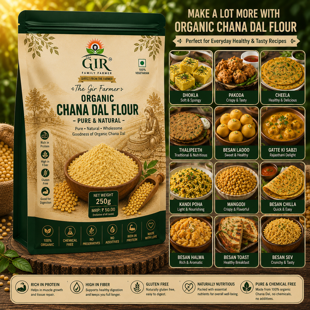 Organic Chana Dal Flour - Pure & Natural