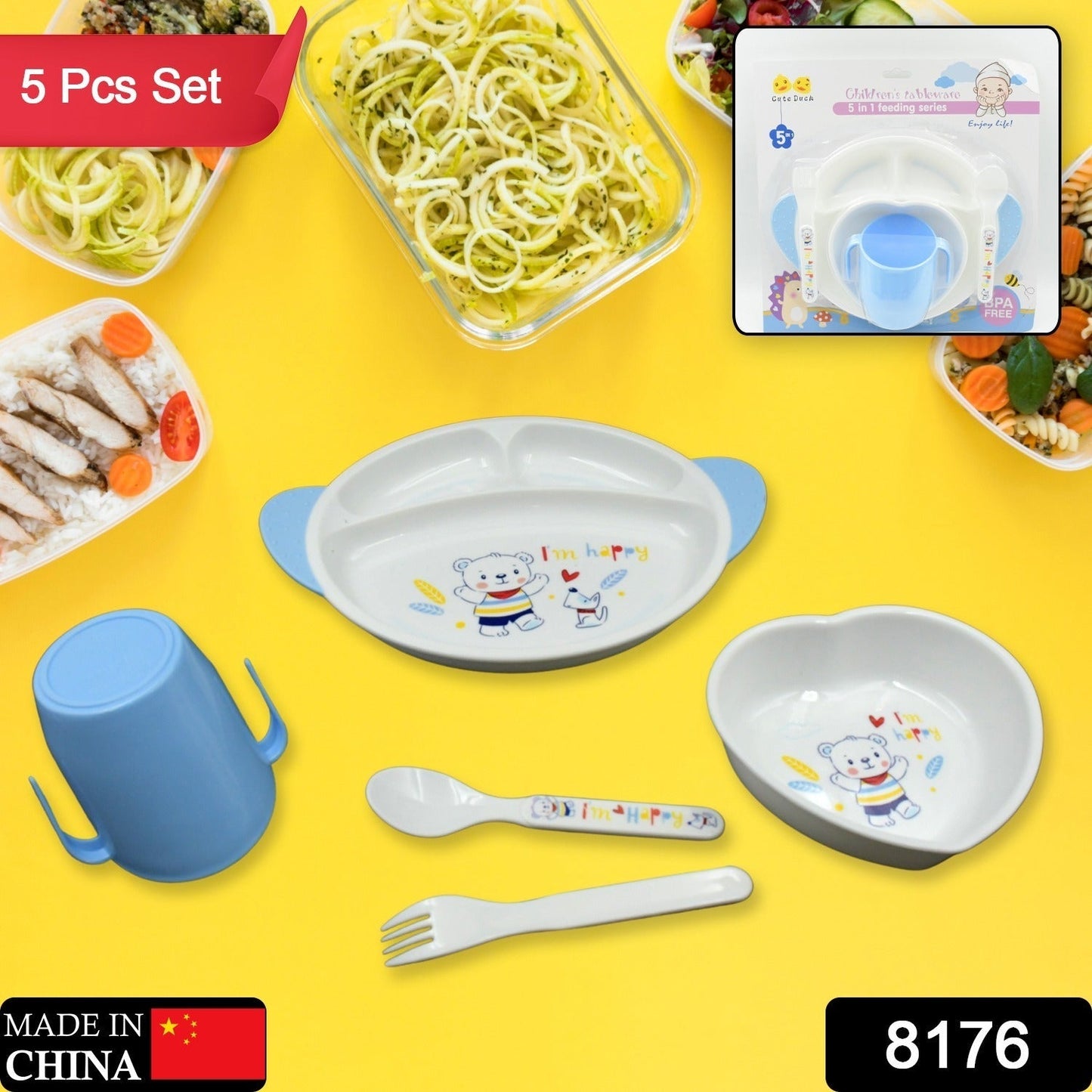 5in1 Baby Feeding Set for Kids and Toddlers,Children Children Dinnerware Set - Feeding Set for Kids, Cartoon Design Plate, Cup, Spoon, Fork Tableware Cutlery for Kids Microwave (5 Pcs Set) Your Brand