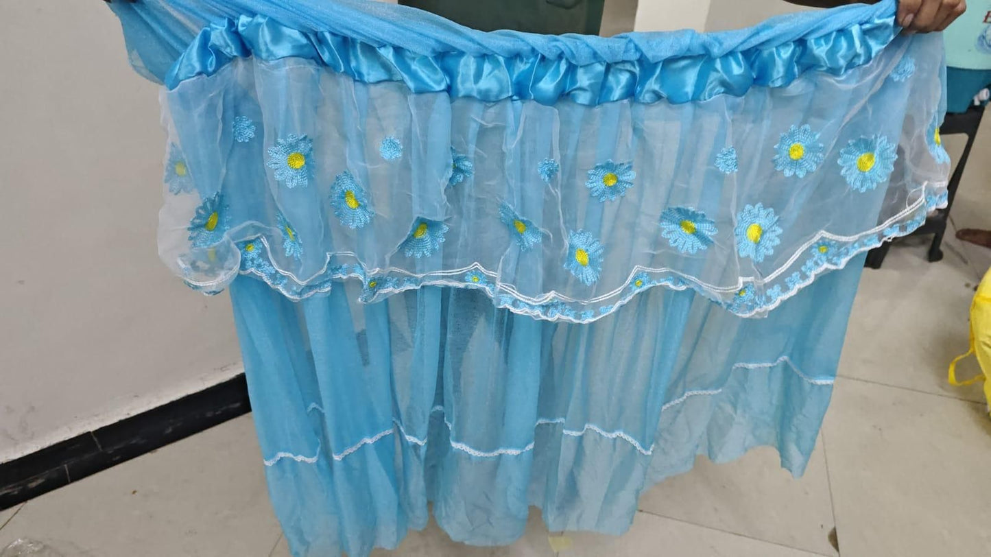 Light blue decorative 28-32 inch TV dustproof cover with floral embroidery and ruffled edge