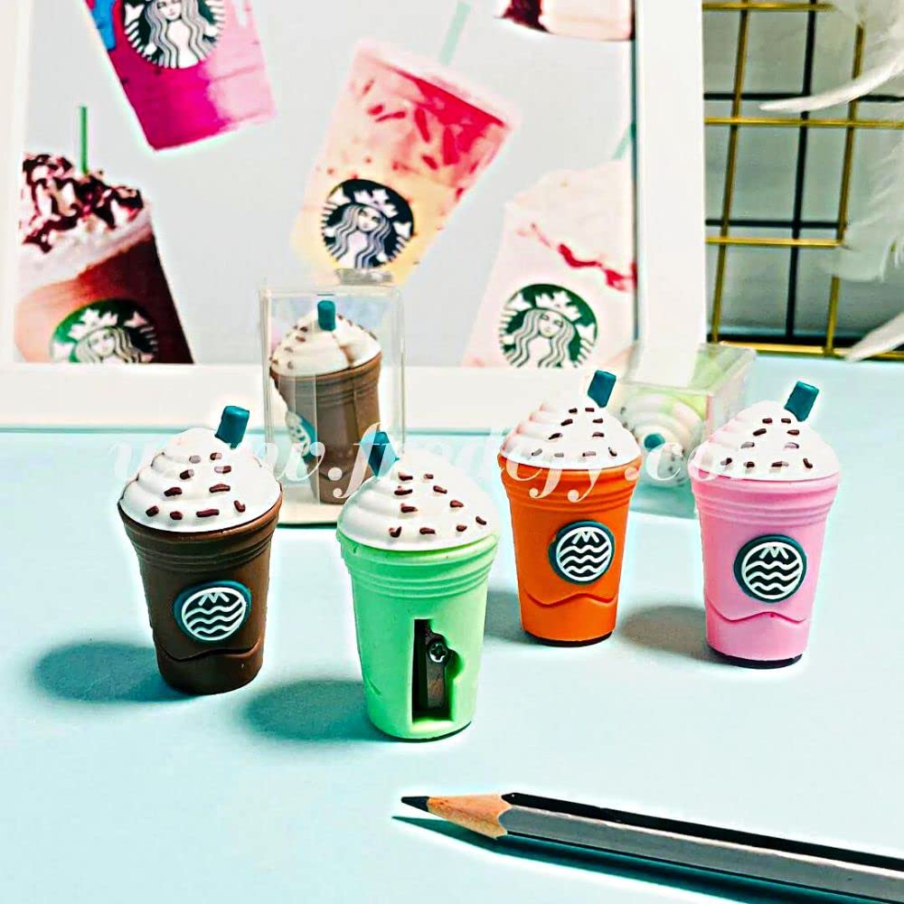 2In1 3D Cute Coffee Or Ice cream Shape sharpner Like Rotary Manual Pencil Sharpener for Kids Ice Cream Style Office School Supplies, Back to School Gift for Students,Kids Educational Stationary kit, B'Day Return Gift (24 Pcs Set) Your Brand