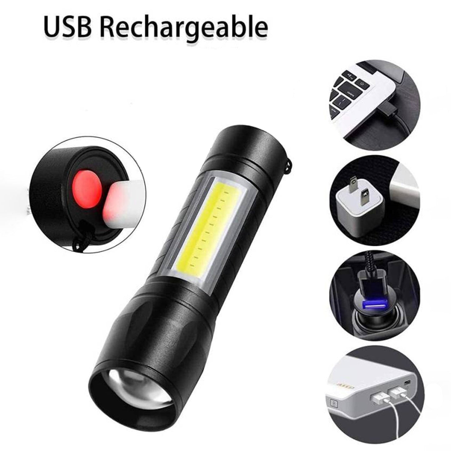 LED USB Rechargeable Mini Flashlight – Ultra-Bright Zoom & COB Side Lantern, Tactical Emergency Light Your Brand