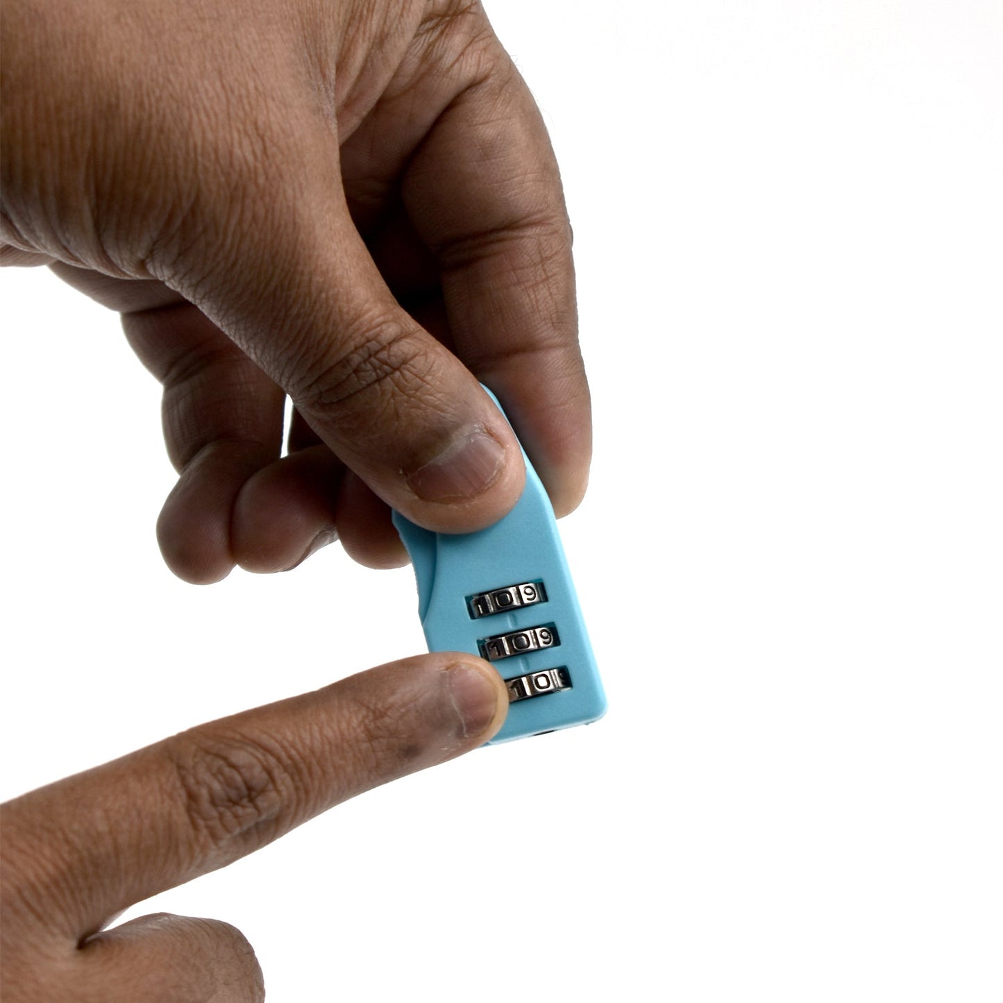 Hand holding a blue 3 digit luggage lock with adjustable combination dials for travel security