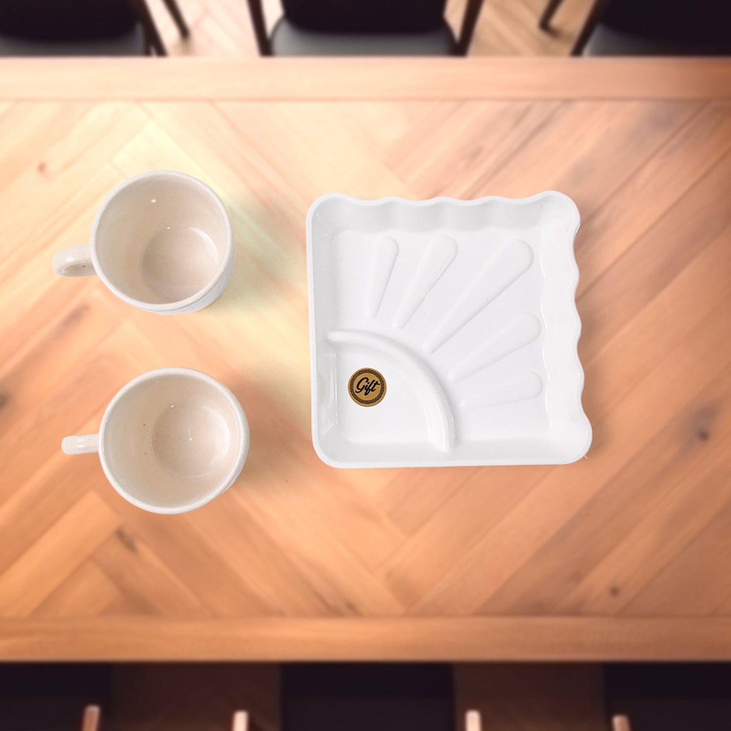 Cerntric Ceramic Tea Cup With Plastic Square Shape Serving Platter Milk Cup 3pc Set Your Brand