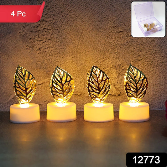 Decorative Golden Leaf Shaped Flameless LED Candles (4 Pc) DeoDap
