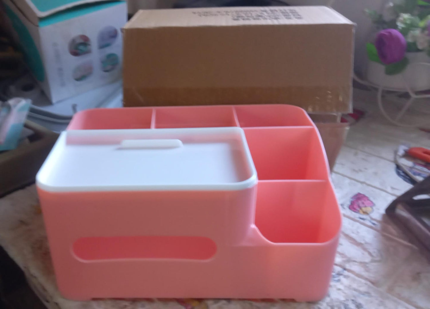 6-Compartment Desk Organizer – Multi-Function Storage for Tissue, Stationery, Remote & Mobile (Home/Office) Your Brand
