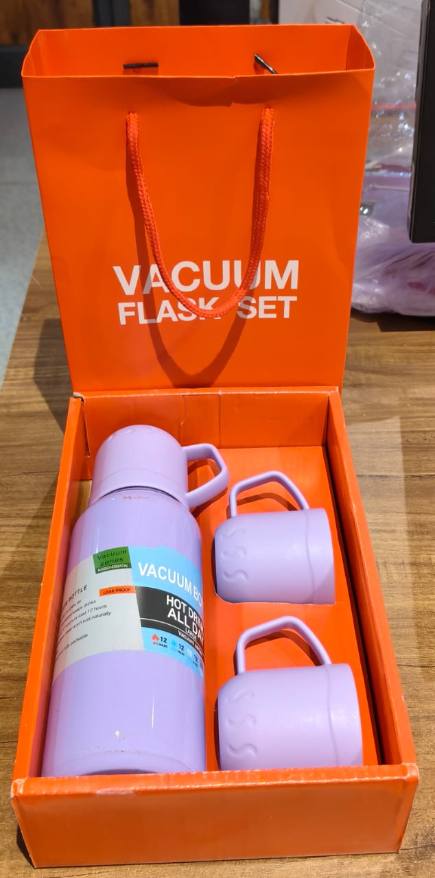Purple Vacuum Flask Set – Stainless Steel Thermos with 3 Cups, Approx 500ml Your Brand