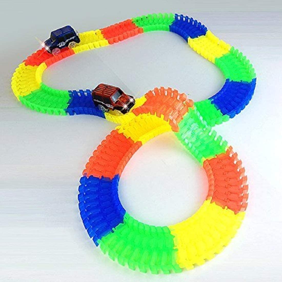 Colorful magic bendable race tracks with two toy cars racing around the flexible layout