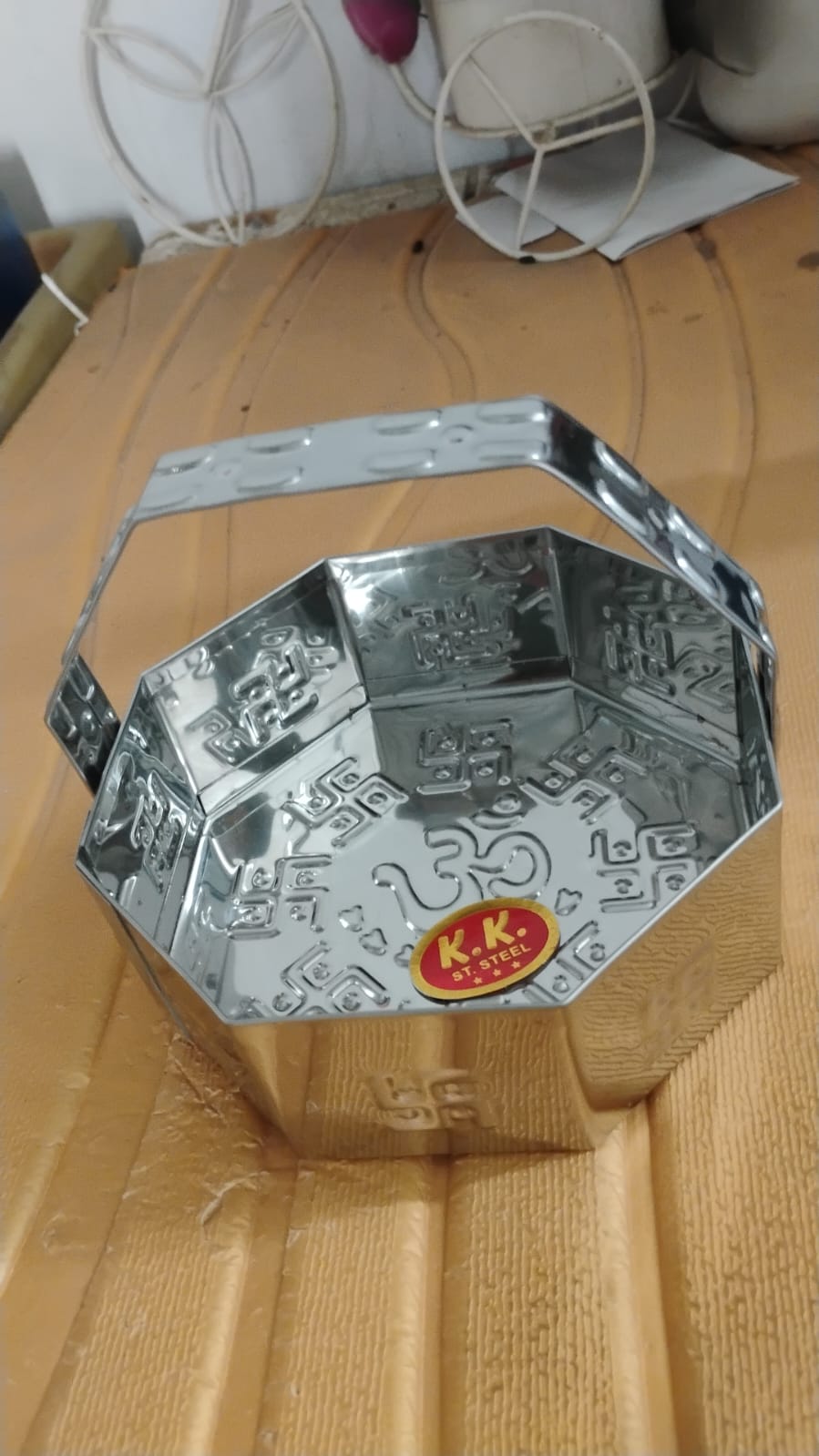 Traditional Stainless Steel Octagon Pooja Basket 1 Pc with Handle Your Brand