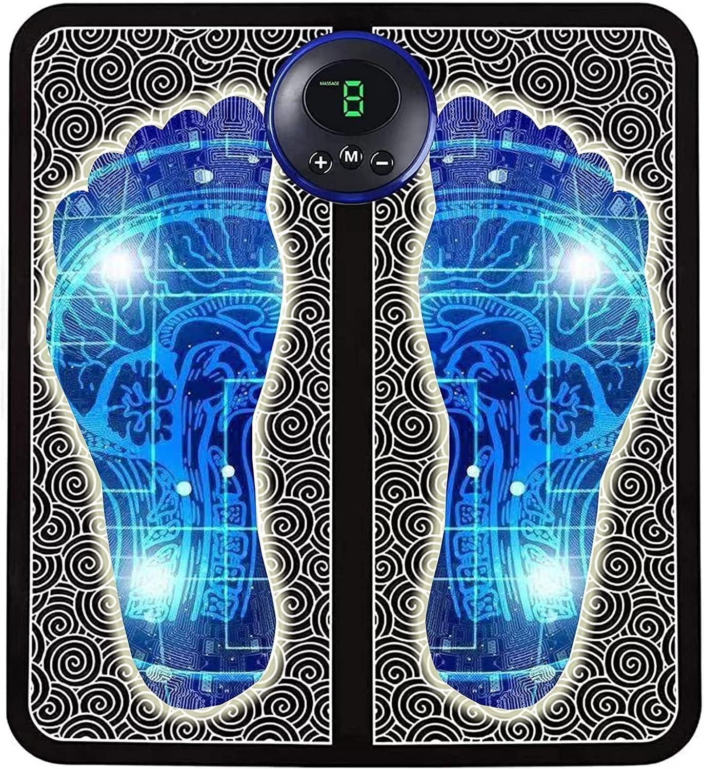 EMS foot massager pad with digital control and blue circuitry design for foot therapy