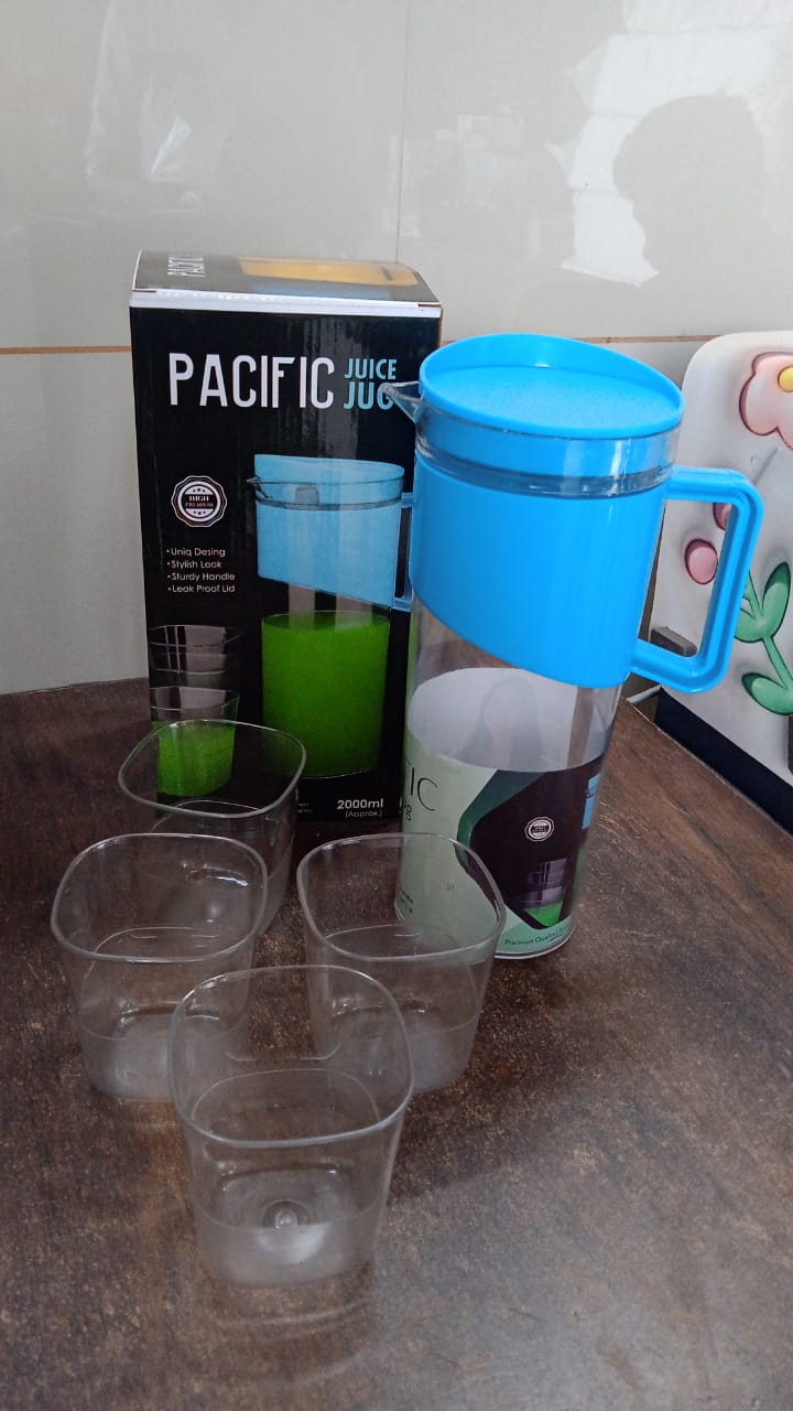 Transparent Stylish Premium Jug with Elegant Handle (2000 ML Jug Approx & 4 Pcs Plastic Glass) Your Brand