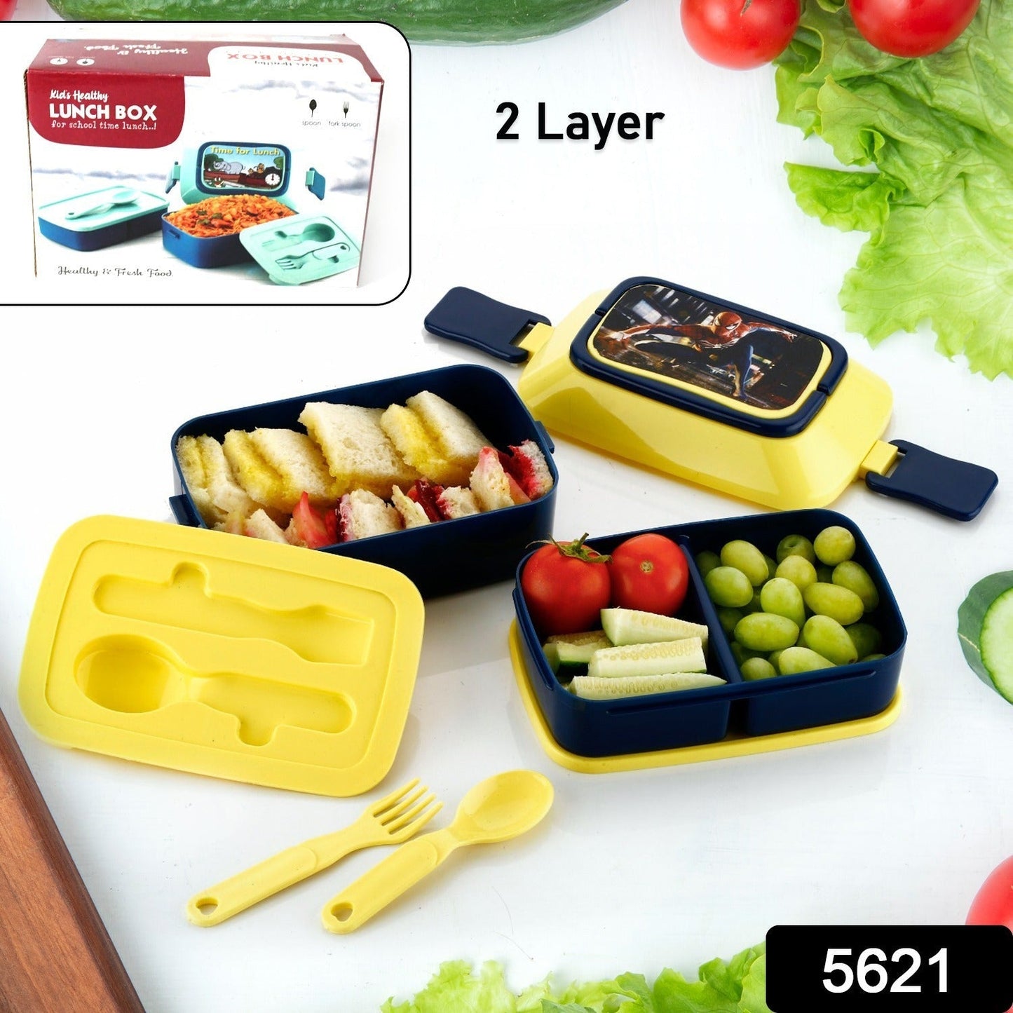 5621 Double Layer Lunch Box Stylish Lid Lunch Box With Fork & Spoon Lunch Box For Children School Lunch Box Your Brand