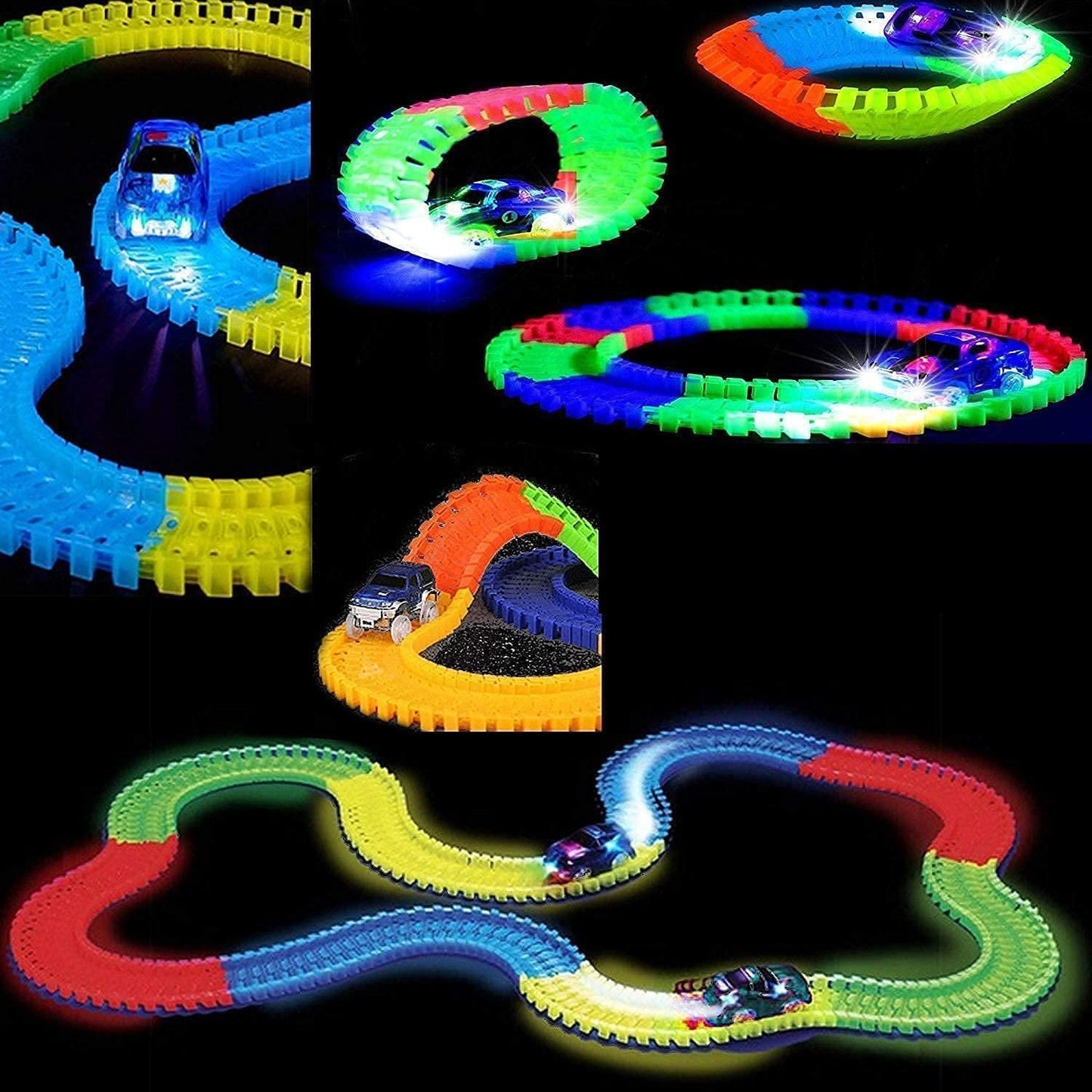 Magic bendable race tracks featuring colorful, flexible segments and illuminated toy cars on a winding course