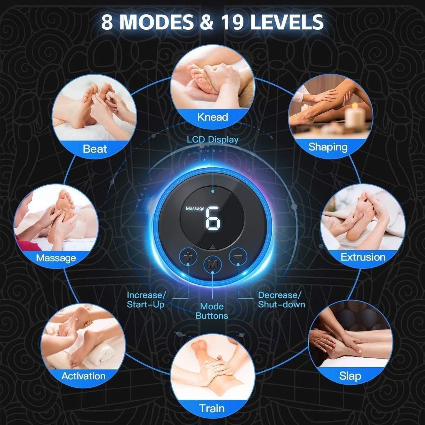 EMS foot massager pad with 8 modes and 19 levels including knead, beat, shaping, massage, extrusion, activation, train, and slap