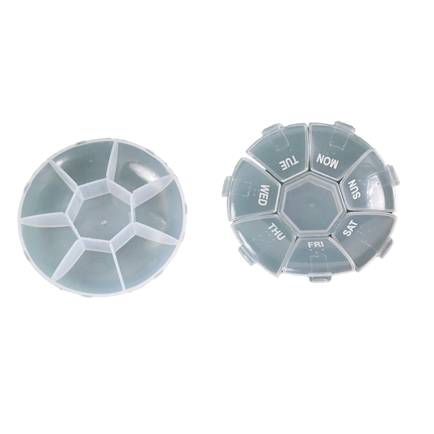 Transparent 7 day pill organizer with individual compartments for each day of the week