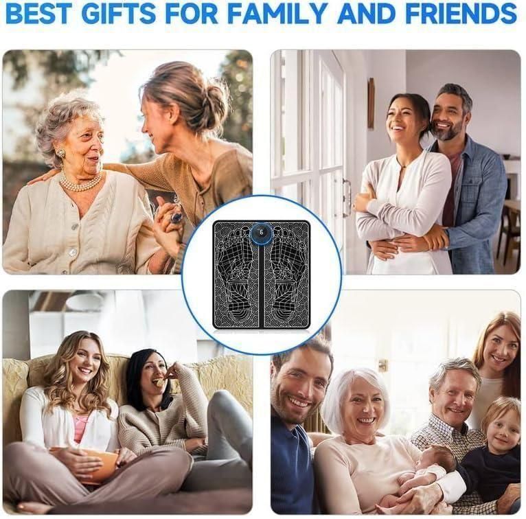 EMS foot massager pad by The Gir Farmer surrounded by happy family and friends enjoying relaxation