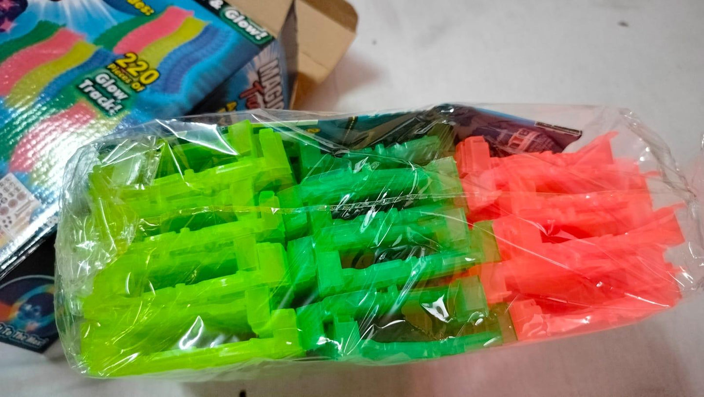 Magic bendable race tracks in assorted colors, including bright green and pink, for fun racing experiences