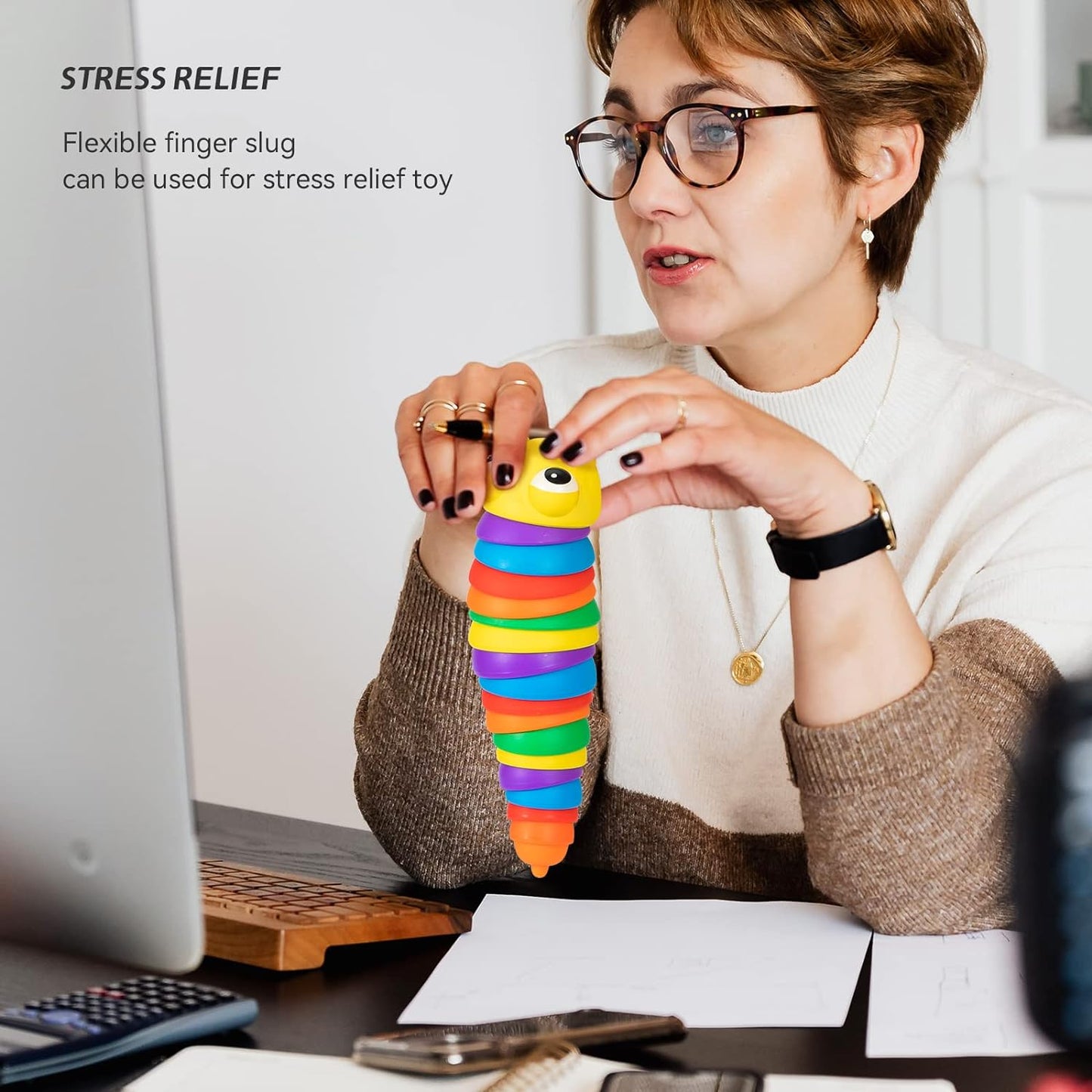 3D Rainbow Color Plastic Slug Fidget Toys, Stress Relieving Toy, Sensory Slug Toy for Boys and Girls, Finger slug Toy, for Autistic, Caterpillar Fidget Toys Stress Relief Gifts for Toddlers Kids Adults (1 Pc) Your Brand