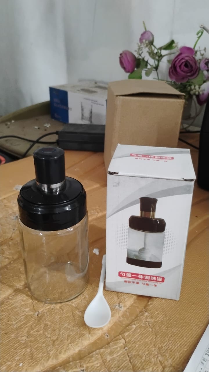 Transparent Glass Storage Jar with Built-in Spoon Approx 250ml Your Brand